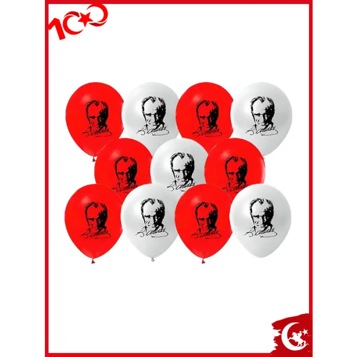 Atatürk Baskılı Kırmızı Beyaz Karışık Renk Balon 10 Adet Milli Bayram Süsleme Balonu 29 Ekim