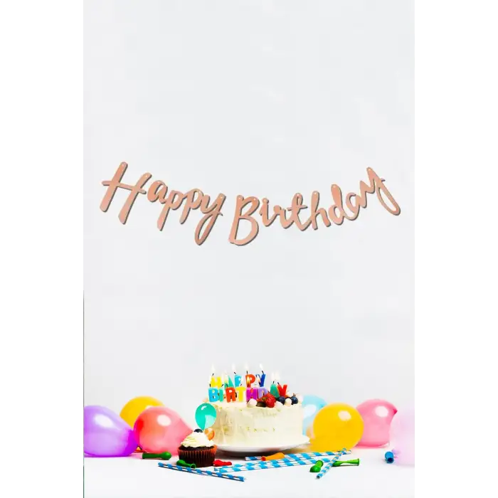 Happy Birthday Yazılı Kaligrafi Banner Yazısı Rose Gold Renk Doğum Günü Partisi 110 cm