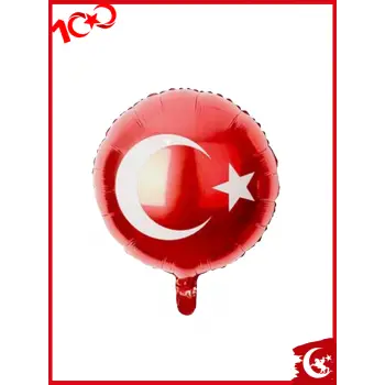 Türk Bayrağı Baskılı Kırmızı Renk Yuvarlak Folyo Helyum Balon 18 29 Ekim Süsleme Balonu