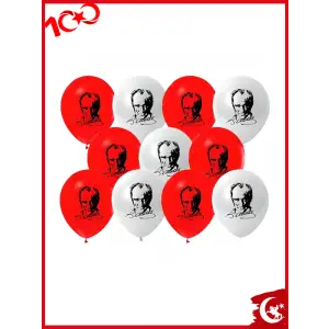 Atatürk Baskılı Kırmızı Beyaz Karışık Renk Balon 10 Adet Milli Bayram Süsleme Balonu 29 Ekim