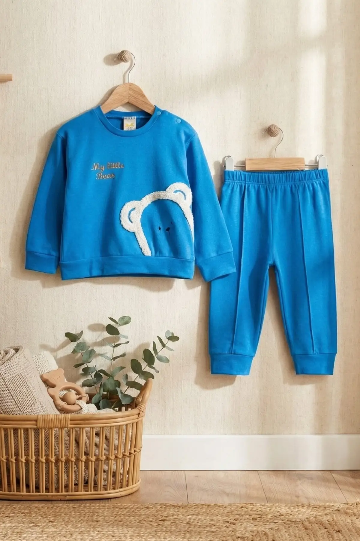 Ayıcık Nakışlı % 100 Pamuk 2li Erkek Bebek Takım