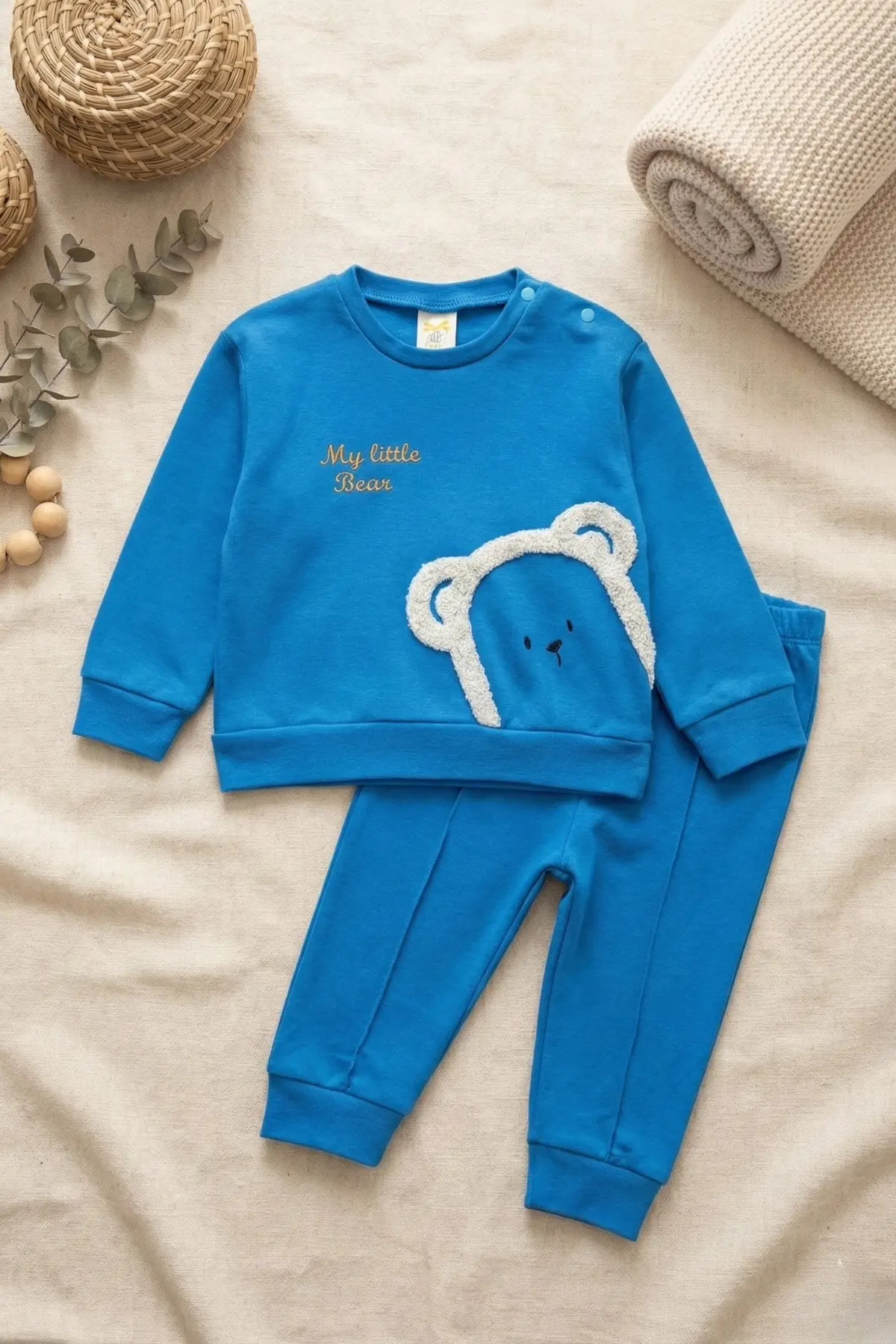 Ayıcık Nakışlı % 100 Pamuk 2li Erkek Bebek Takım