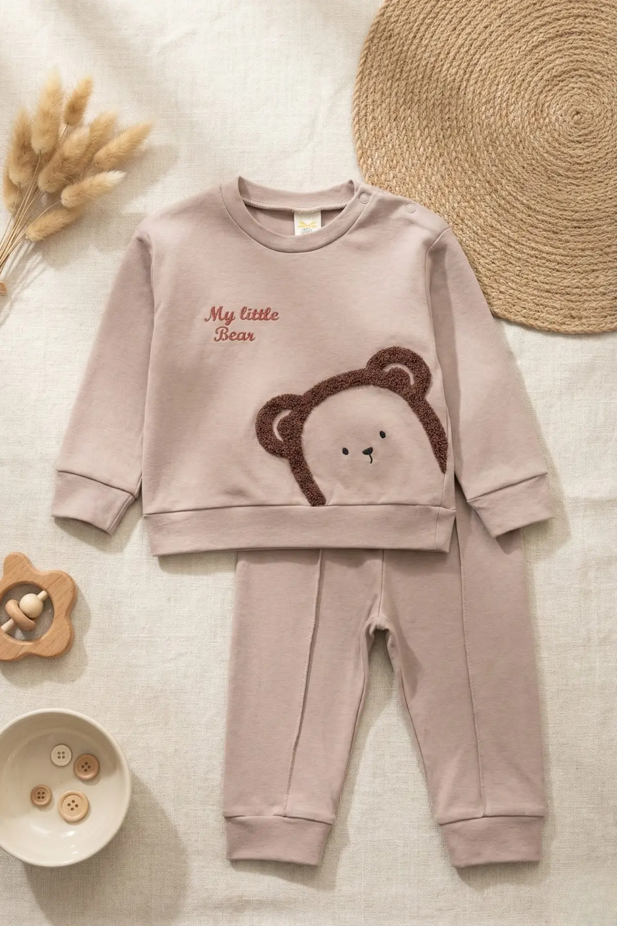 Ayıcık Nakışlı % 100 Pamuk 2li Erkek Bebek Takım