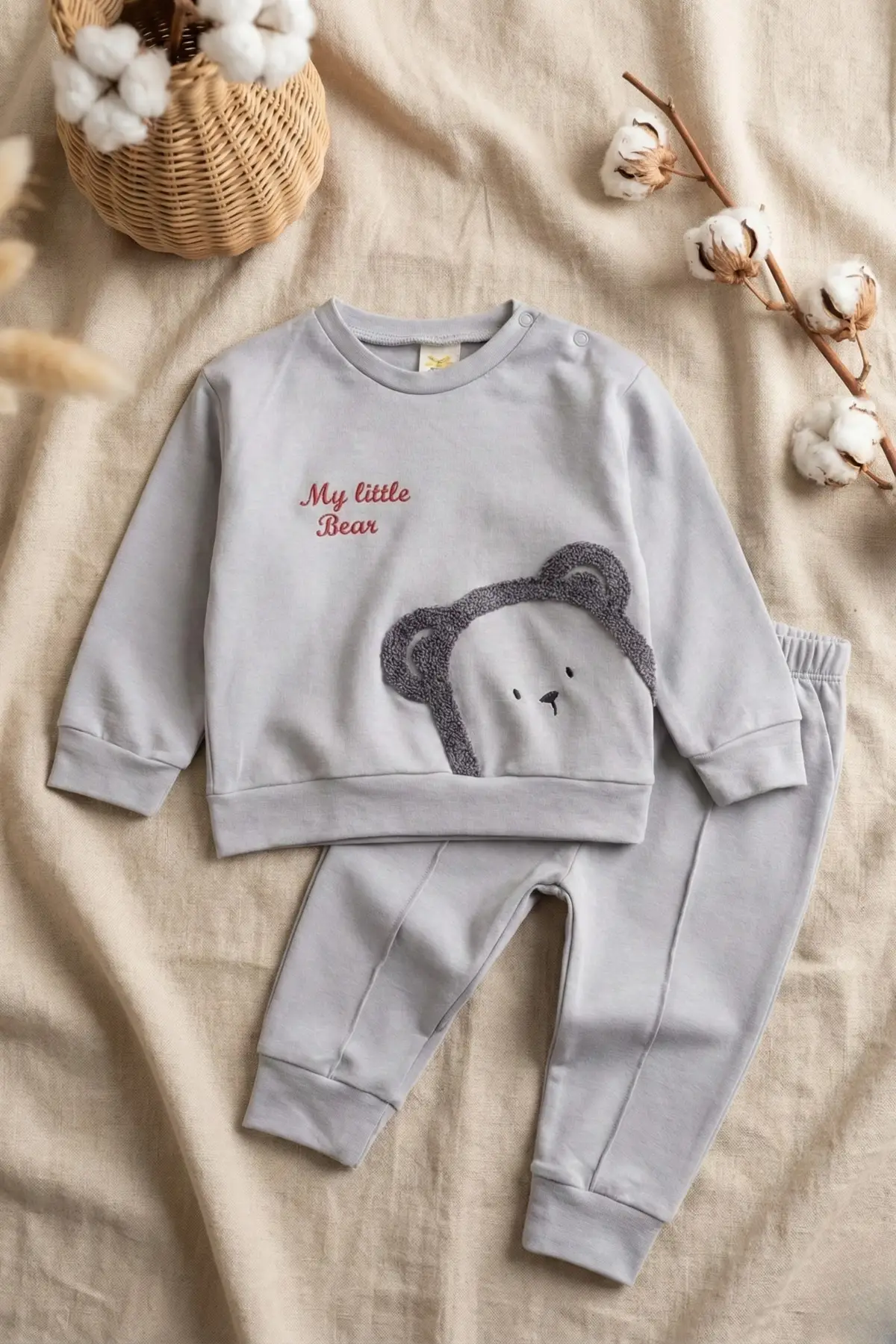 Ayıcık Nakışlı % 100 Pamuk 2li Erkek Bebek Takım