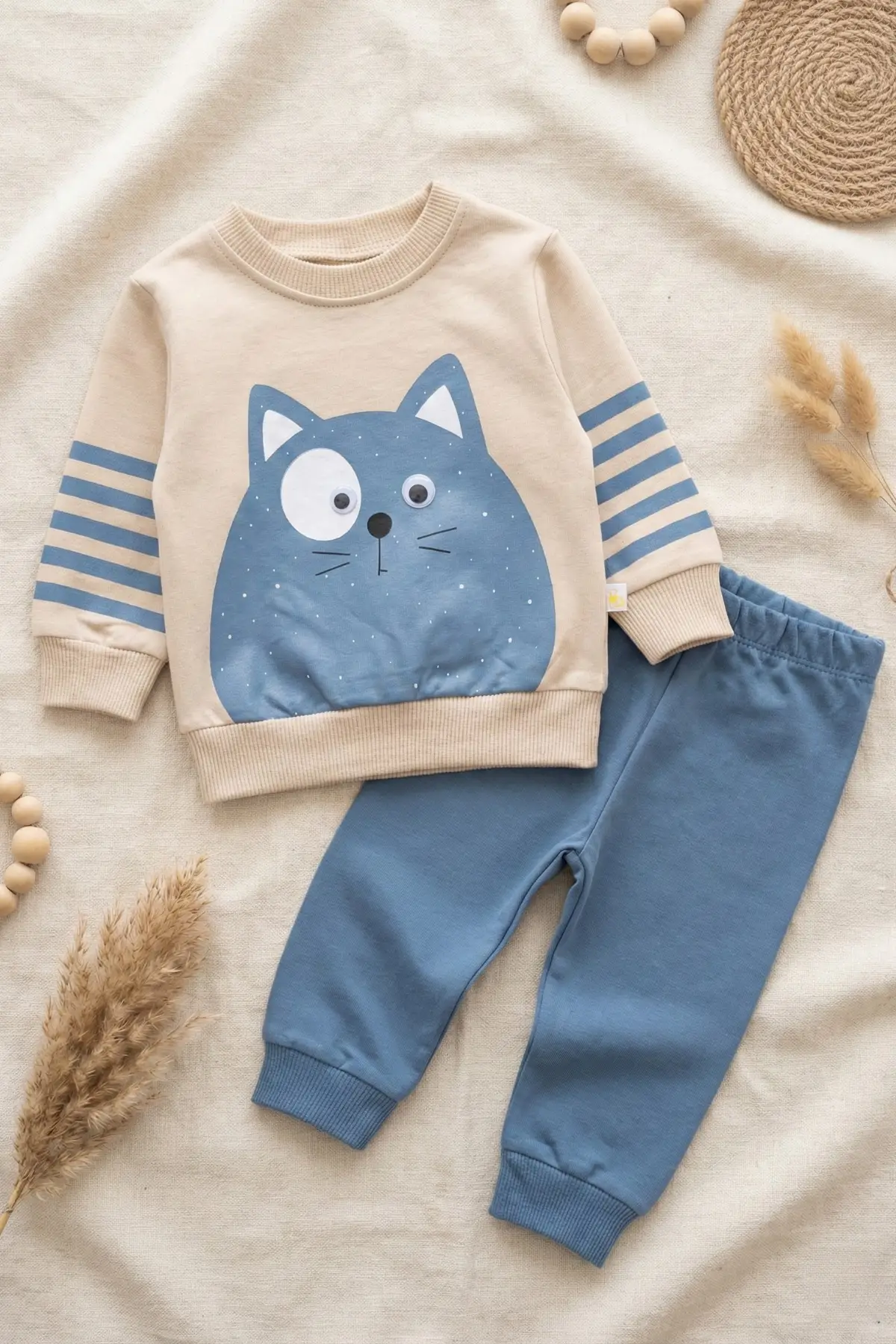 Kedi Desenli Pamuklu 2li Erkek Bebek Takım