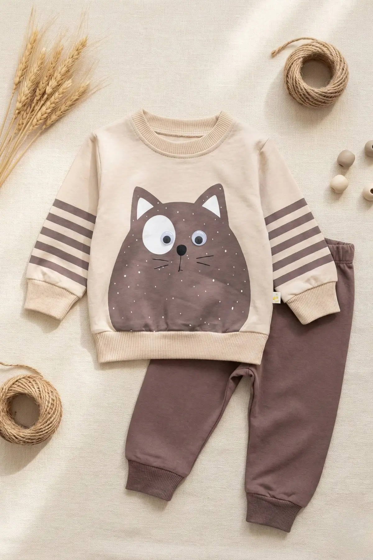 Kedi Desenli Pamuklu 2li Erkek Bebek Takım
