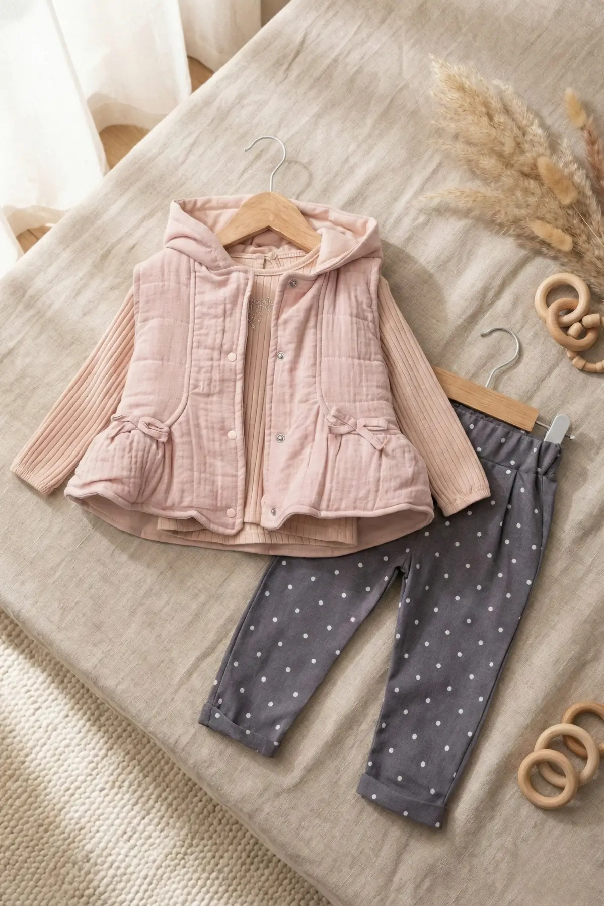 Yelekli Puanlı Mevsimlik Pamuklu Kız Bebek Takım