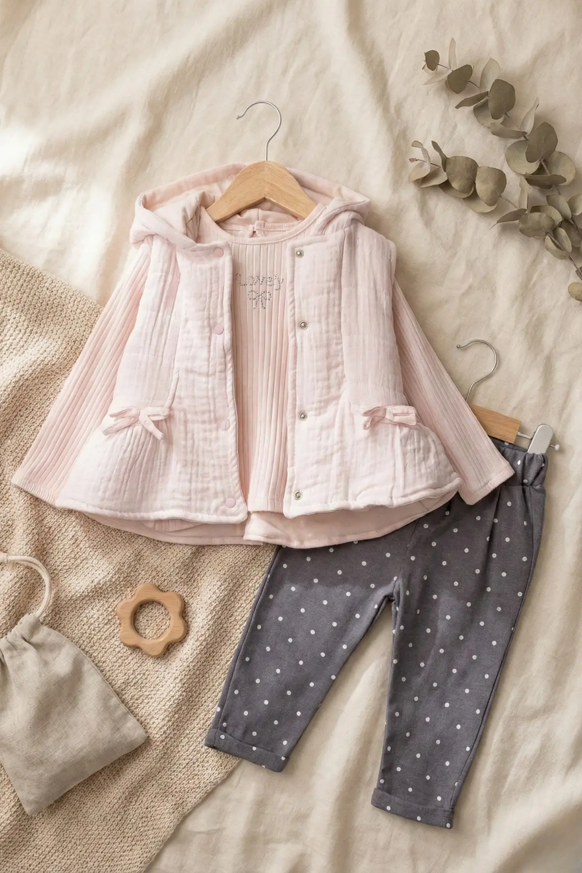 Yelekli Puanlı Mevsimlik Pamuklu Kız Bebek Takım