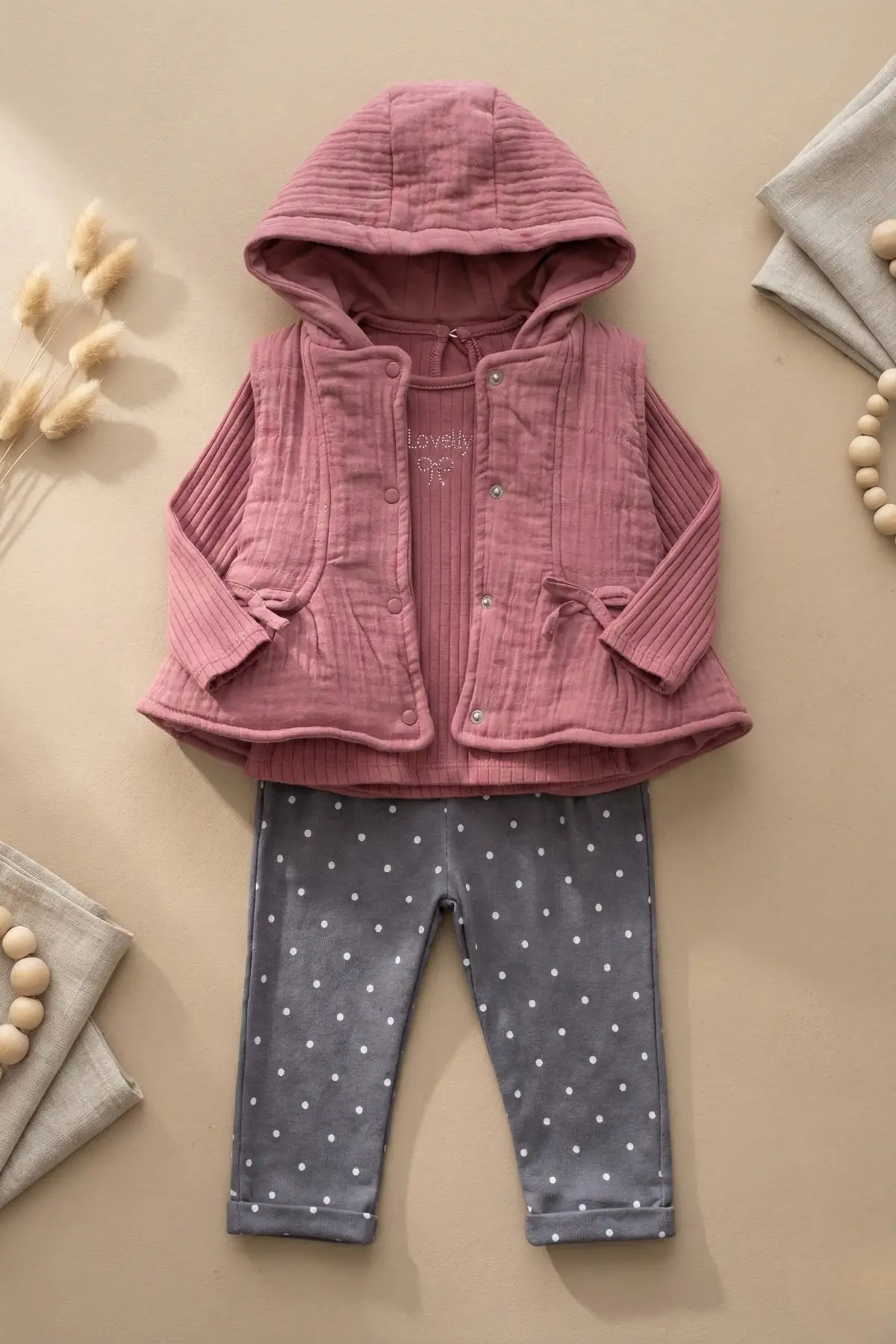 Yelekli Puanlı Mevsimlik Pamuklu Kız Bebek Takım