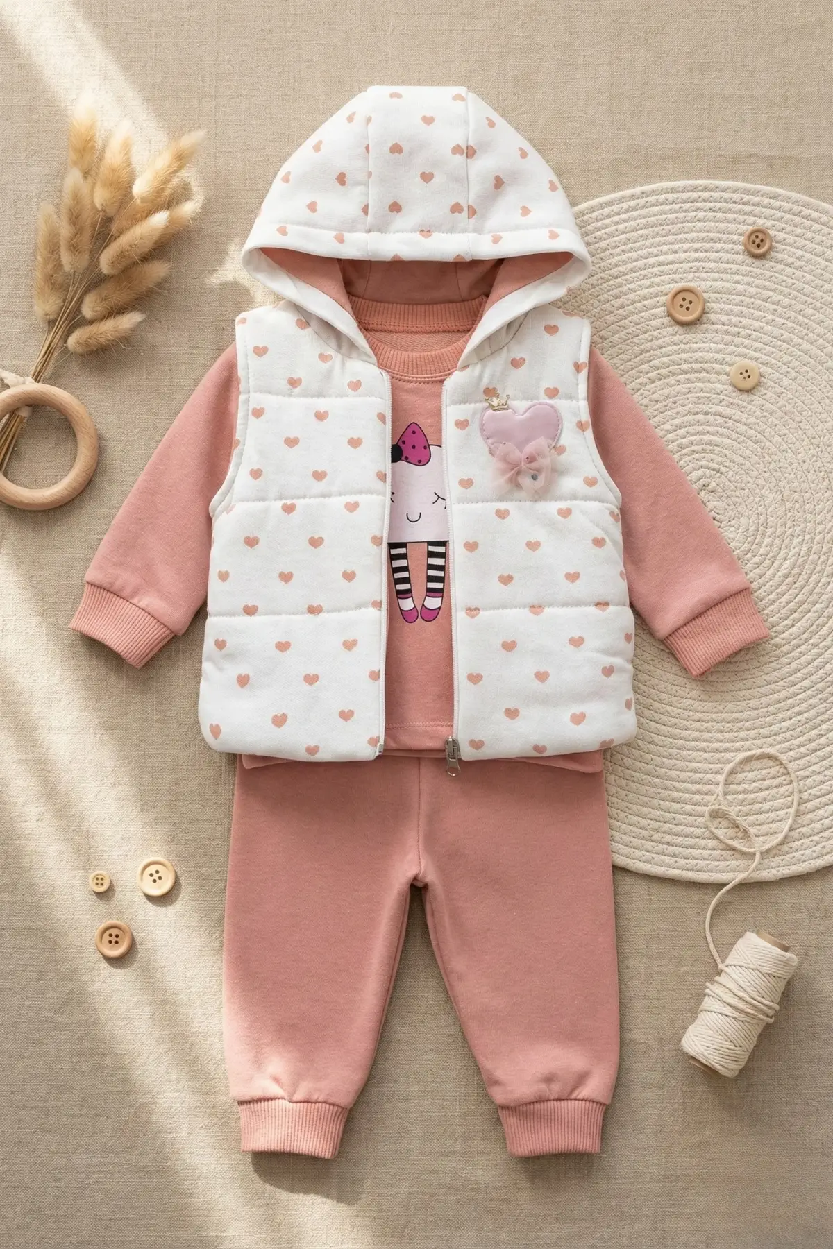 Kalp Desenli Yelekli Mevsimlik Kız Bebek Takım