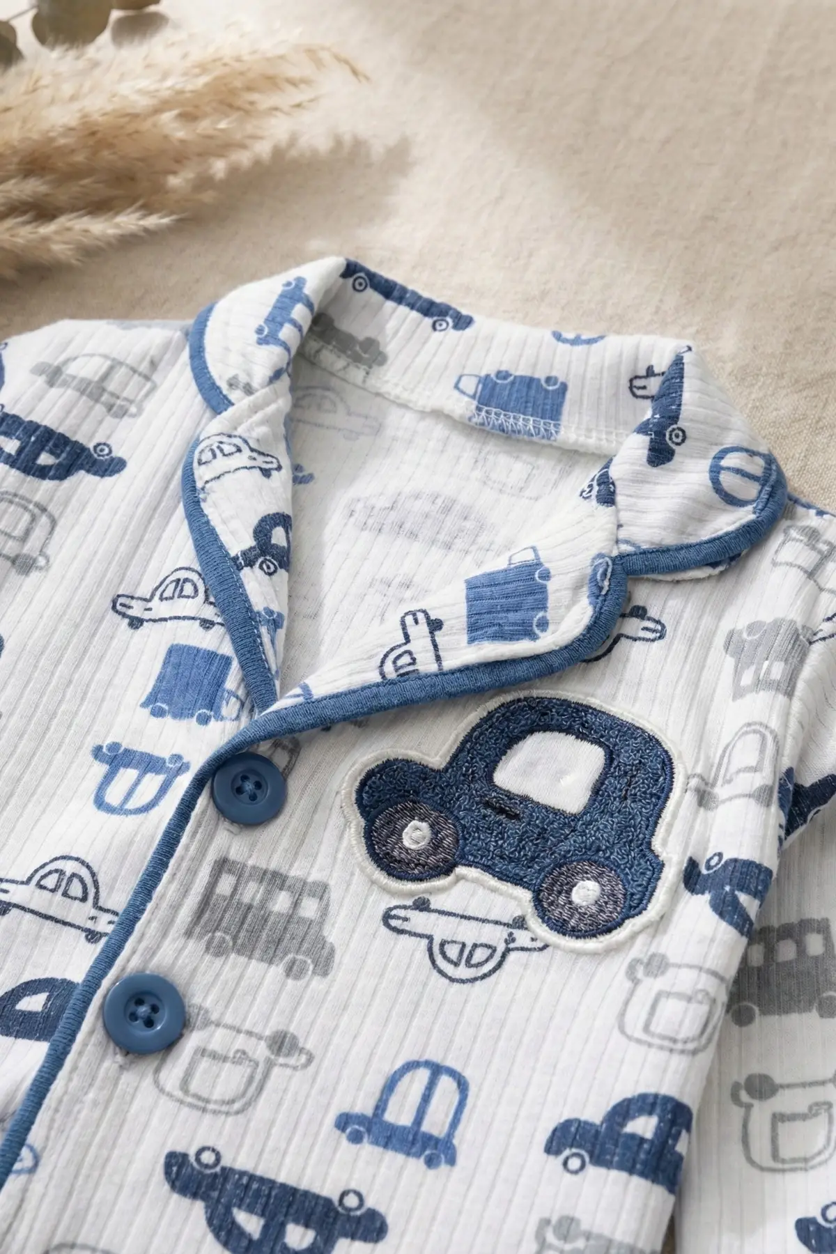 Araba Nakışlı % 100 Pamuk Yakalı Erkek Çocuk Pijama Takımı