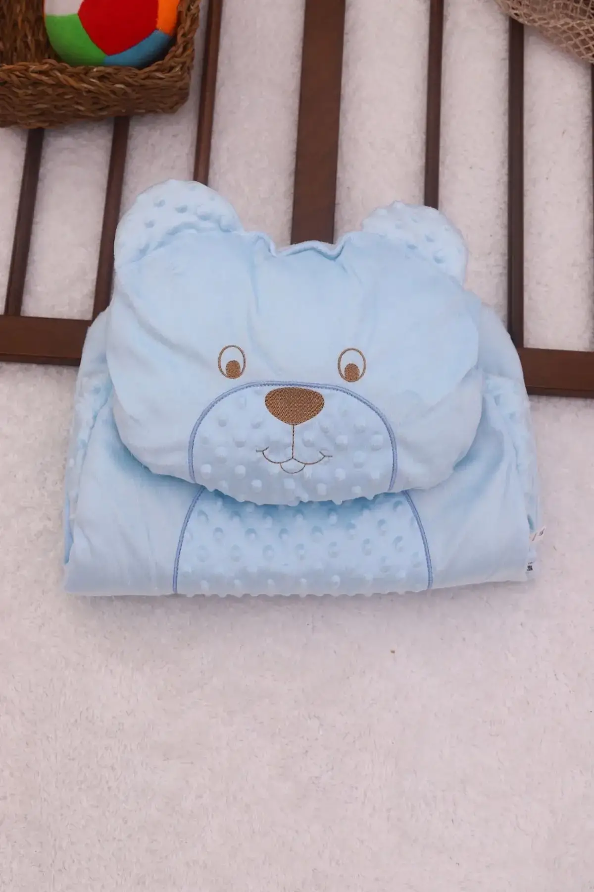 Ayıcık Nakışlı Yastıklı Welsoft Bebek Alt Açma Seti- Mavi