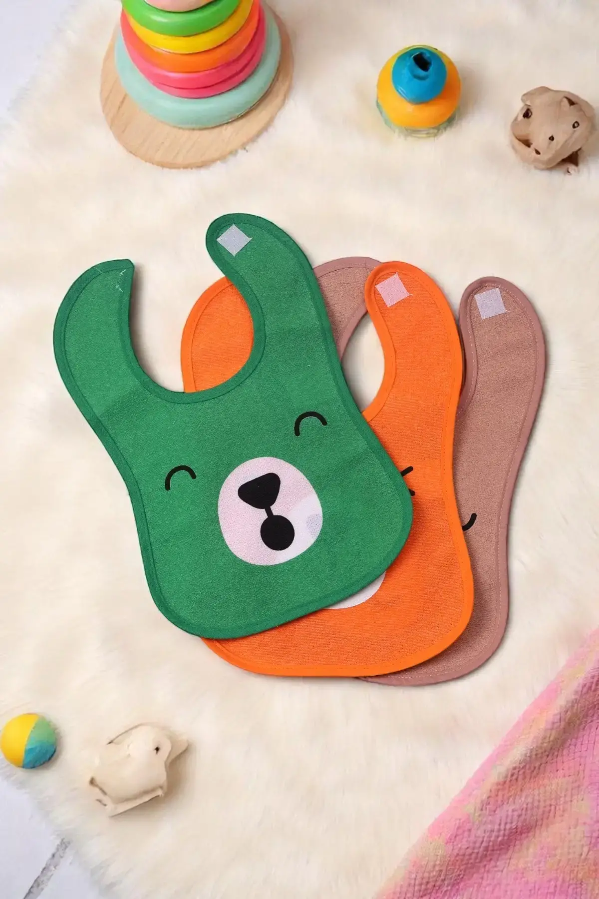 Bear Desenli 3lü Sıvı Geçirmez Bebek Mama Önlüğü 0-18 Ay - Turuncu