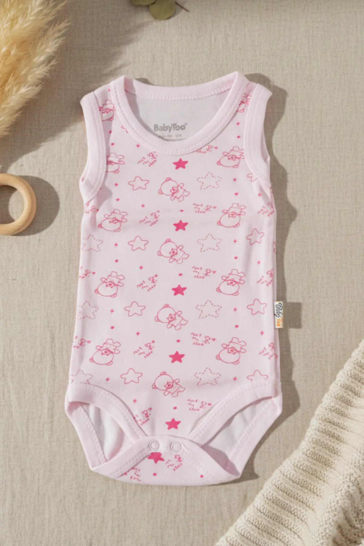 Bear Desenli Kolsuz % 100 Pamuk Kız Bebe Çıtçıtlı Body