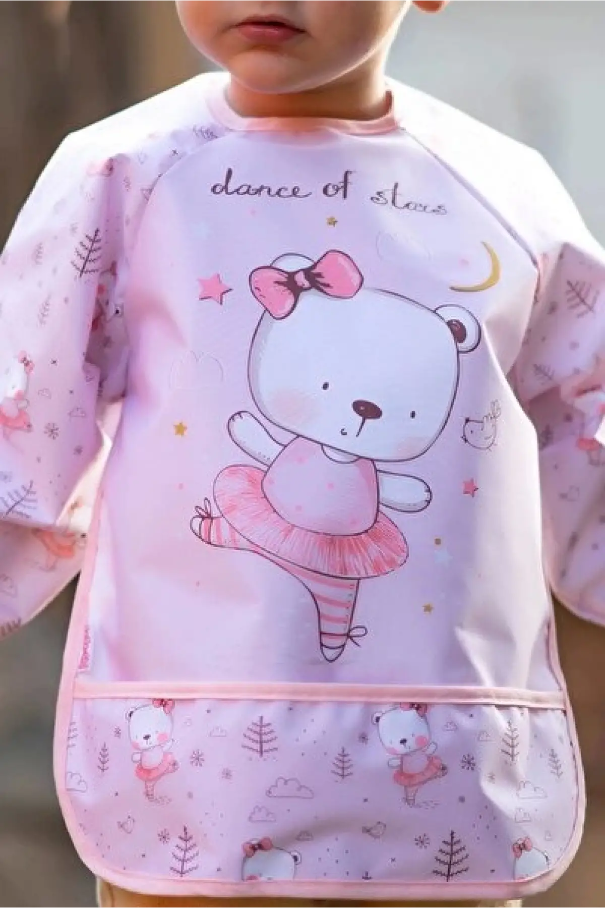 Bear Desenli Sıvı Geçirmez Unisex Uzun Kollu Aktivite Ve Mama Önlüğü 6-24 Ay