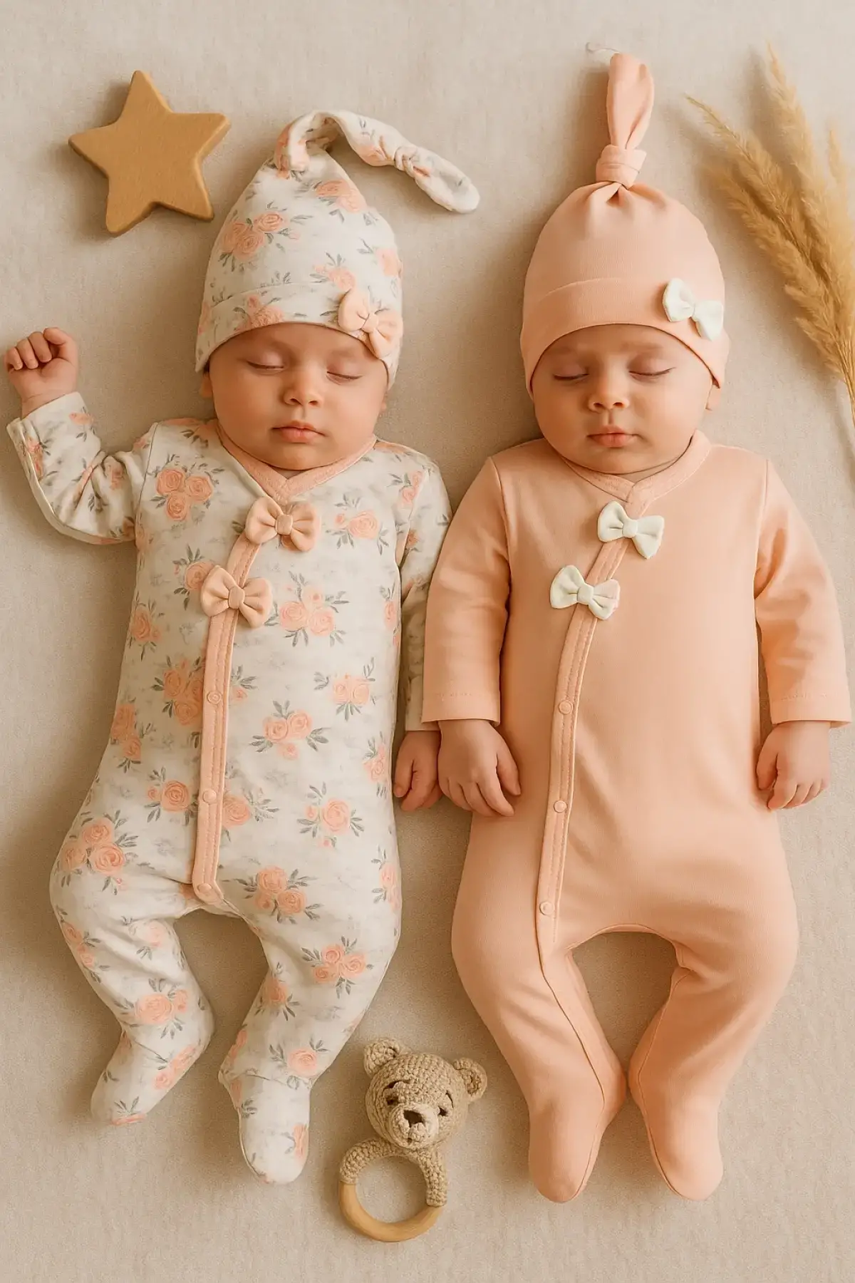 Çiçek Desenli % 100 Pamuk Kız Bebek 4lü Tulum Takımı