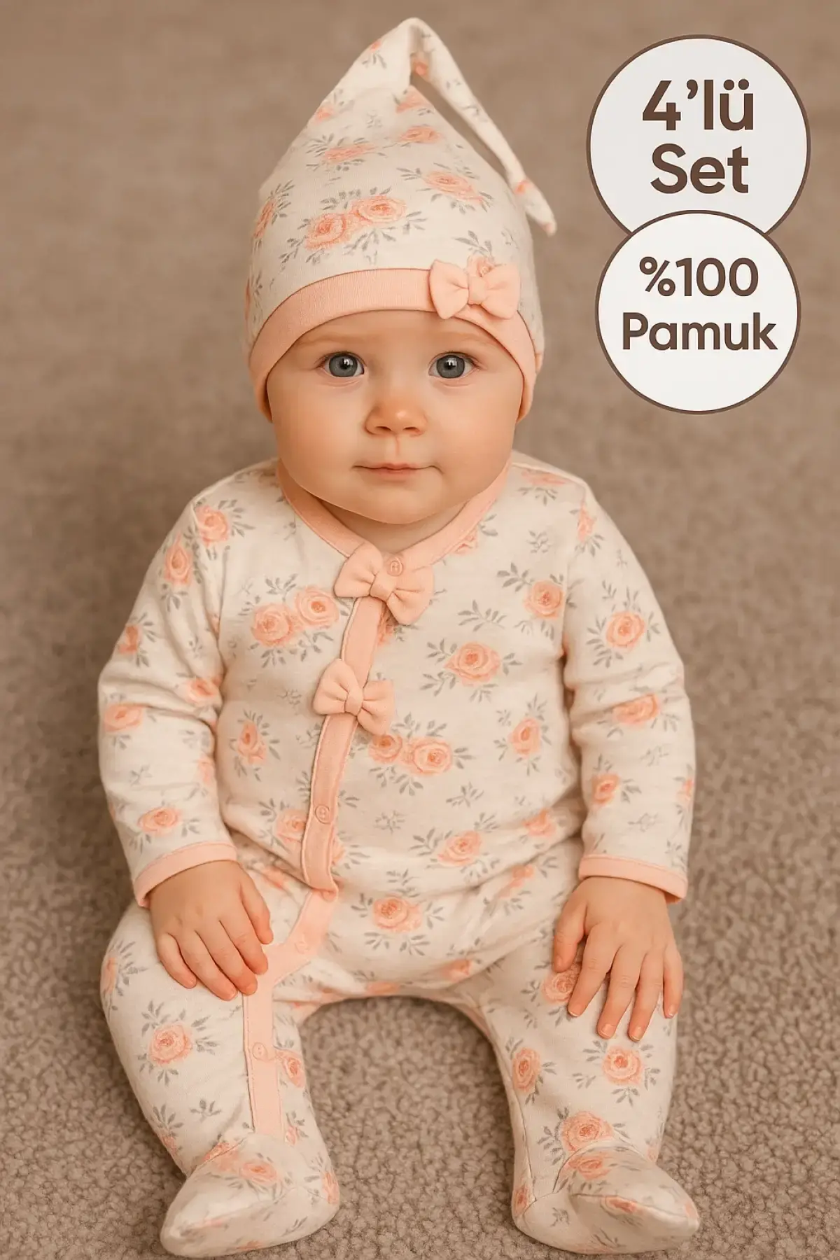 Çiçek Desenli % 100 Pamuk Kız Bebek 4lü Tulum Takımı