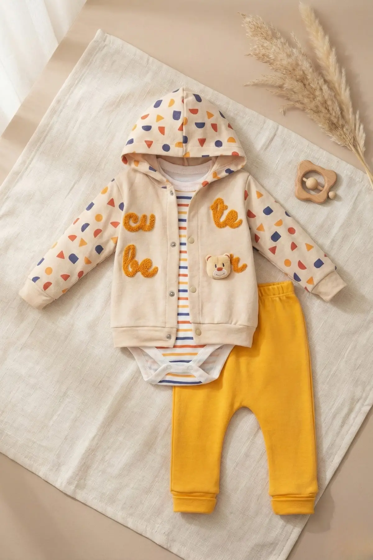 Cute Bear Nakışlı 3lü % 100 Pamuk Erkek Bebek Takımı