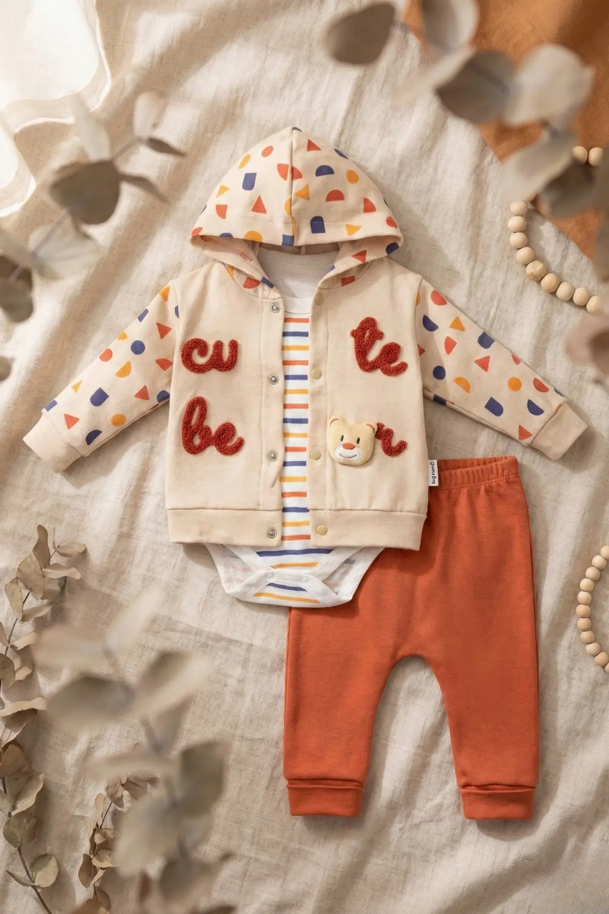 Cute Bear Nakışlı 3lü % 100 Pamuk Erkek Bebek Takımı