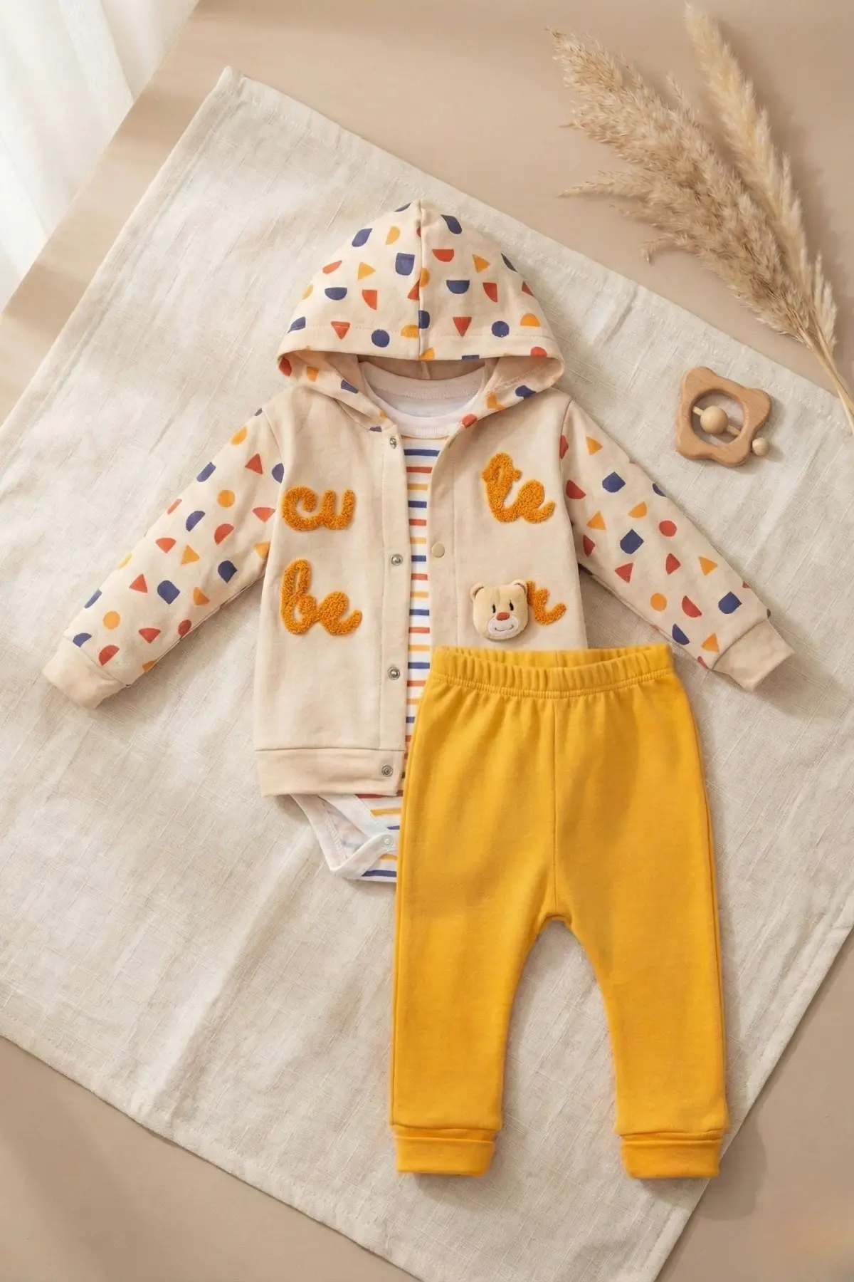 Cute Bear Nakışlı 3lü % 100 Pamuk Erkek Bebek Takımı