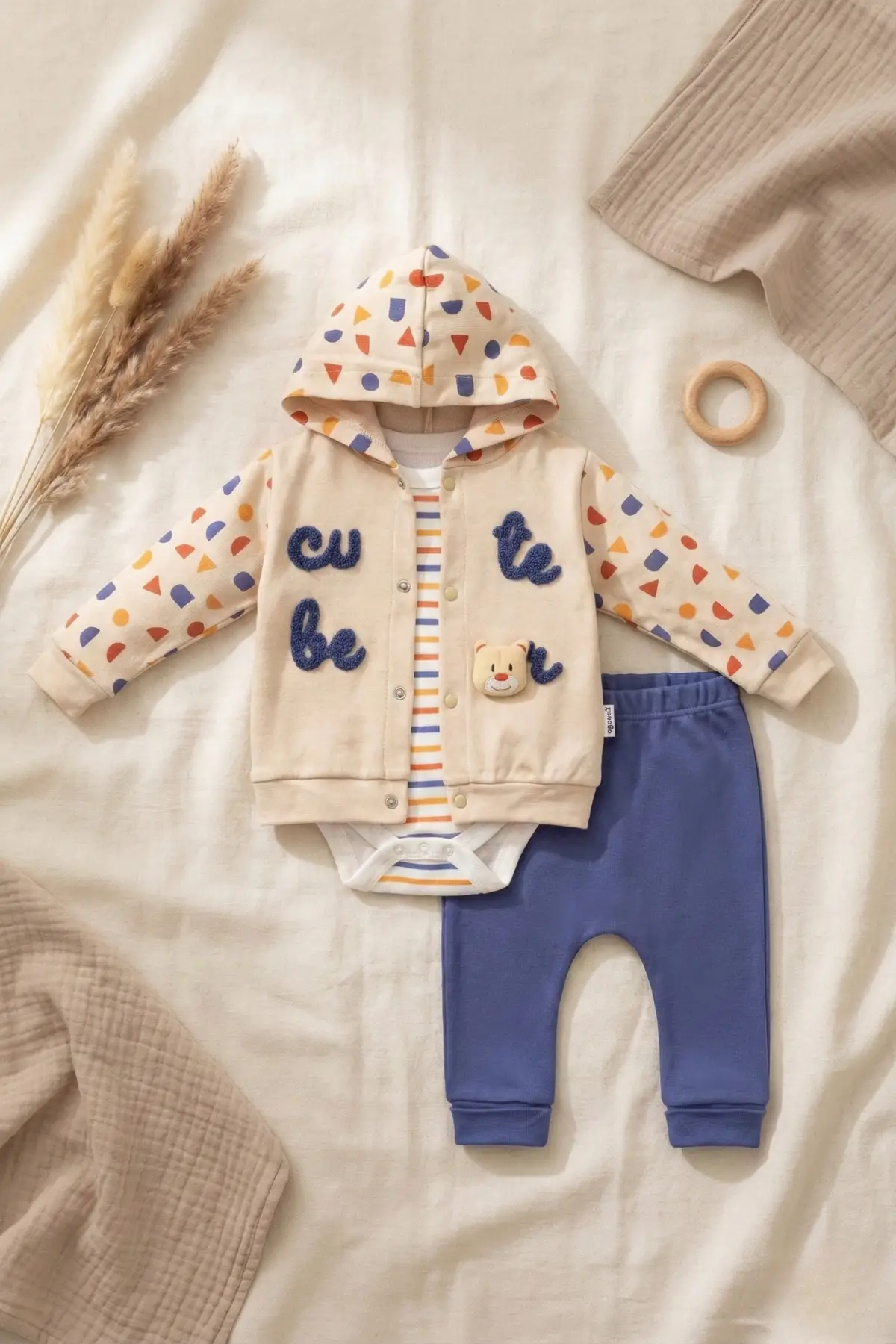 Cute Bear Nakışlı 3lü % 100 Pamuk Erkek Bebek Takımı