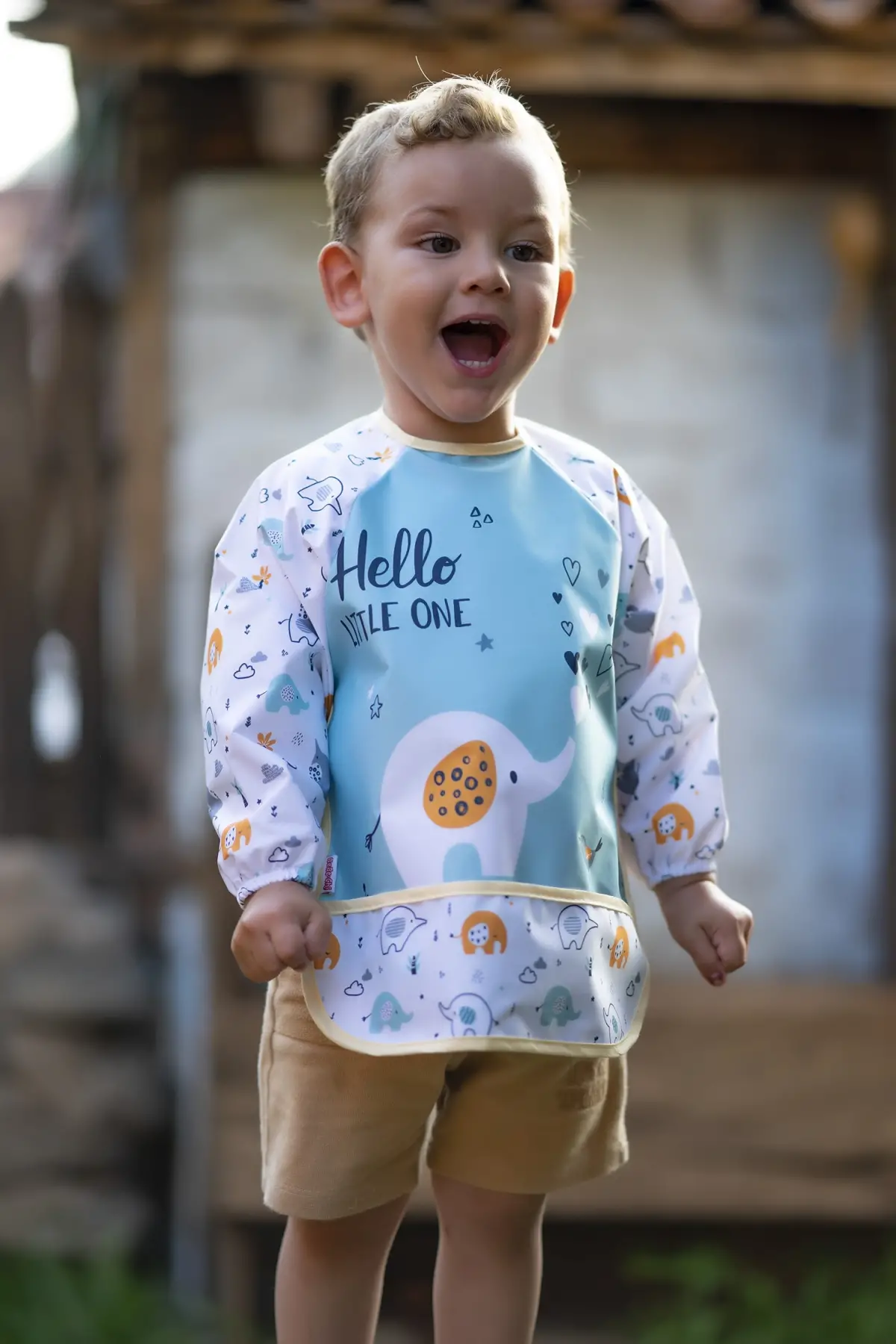 Fil Desenli Sıvı Geçirmez Uzun Kollu Aktivite ve Mama Önlüğü 6- 24 Ay