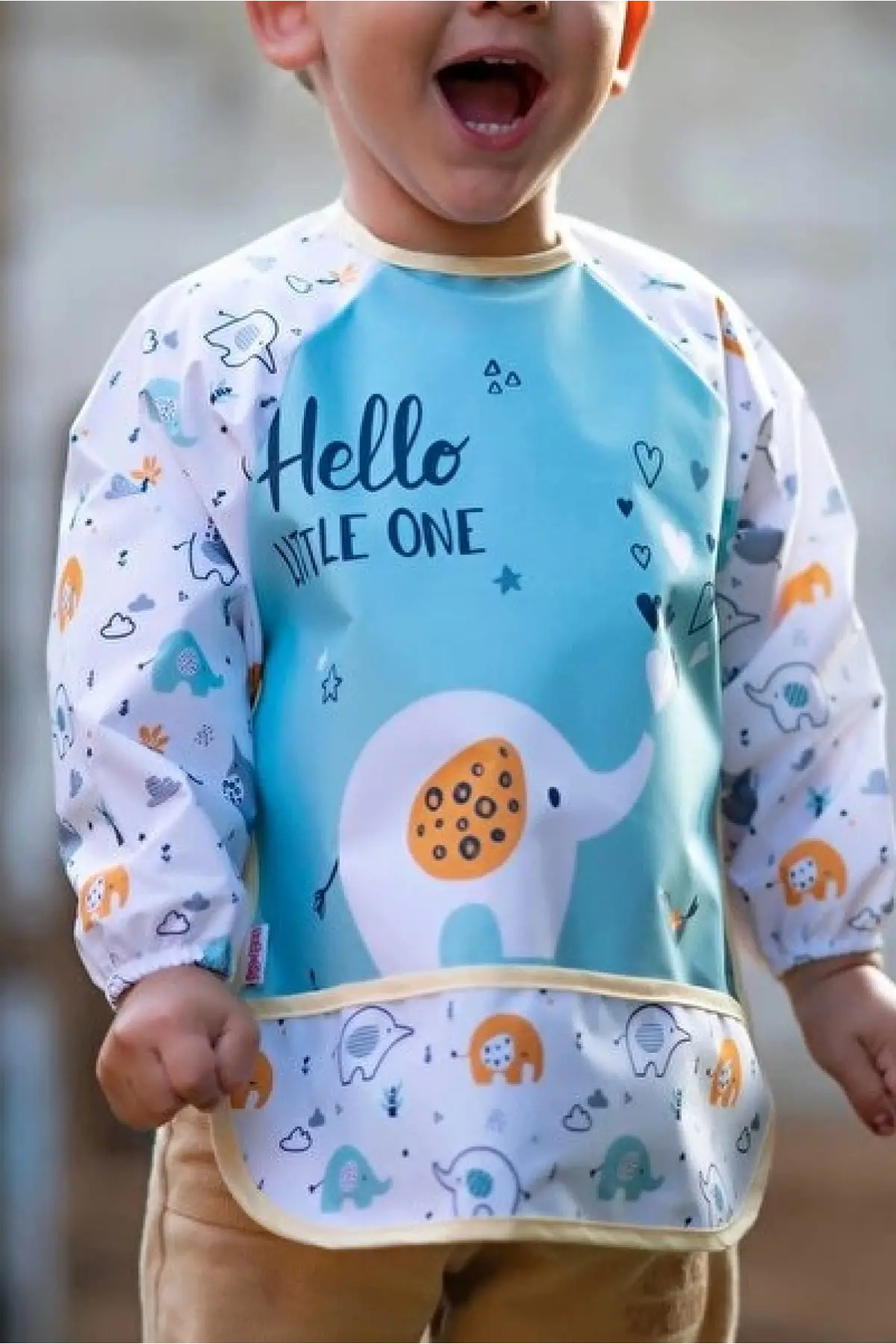 Fil Desenli Sıvı Geçirmez Uzun Kollu Aktivite ve Mama Önlüğü 6- 24 Ay