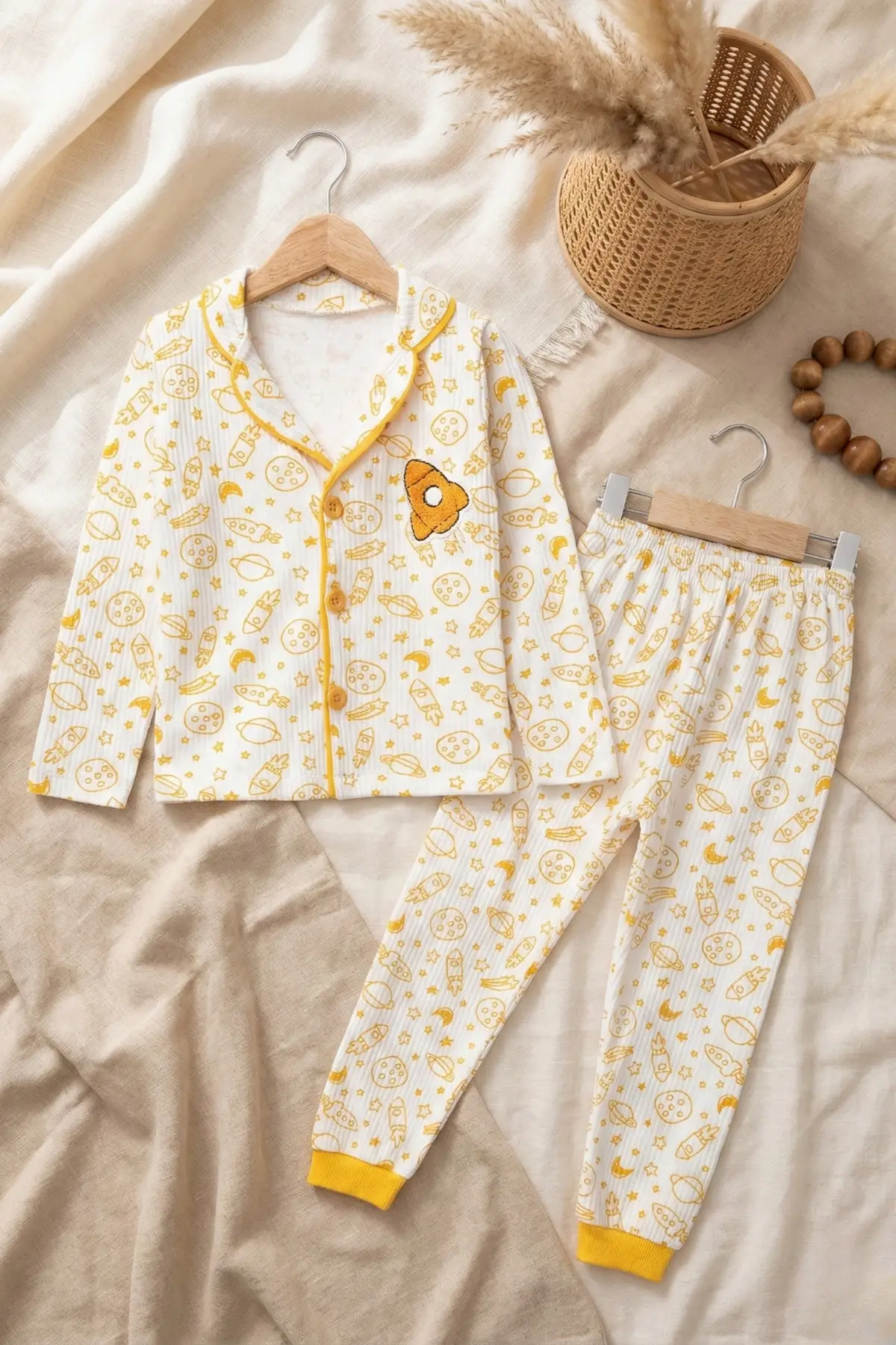 Galaksi Roket Nakışlı % 100 Pamuk Yakalı Erkek Çocuk Pijama Takımı