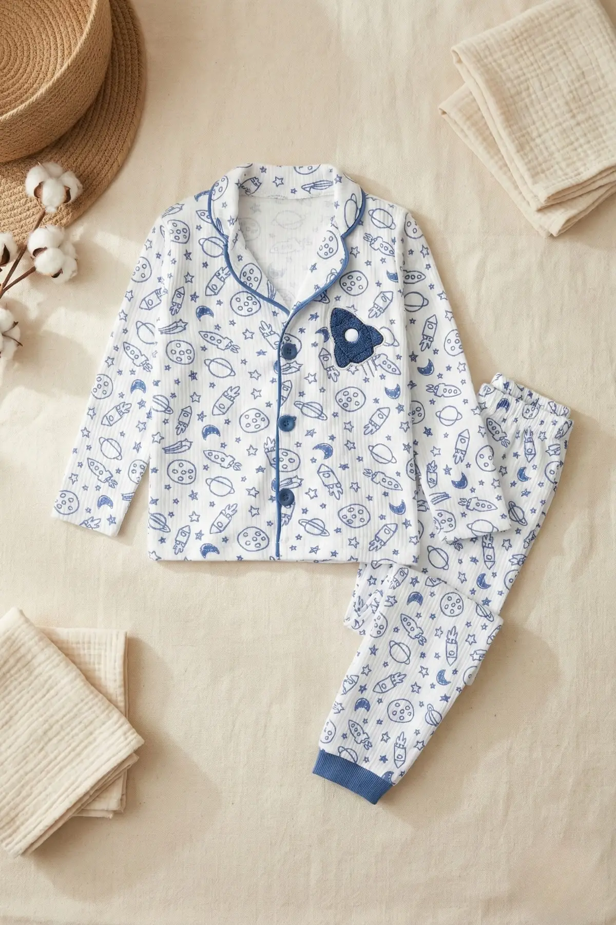 Galaksi Roket Nakışlı % 100 Pamuk Yakalı Erkek Çocuk Pijama Takımı