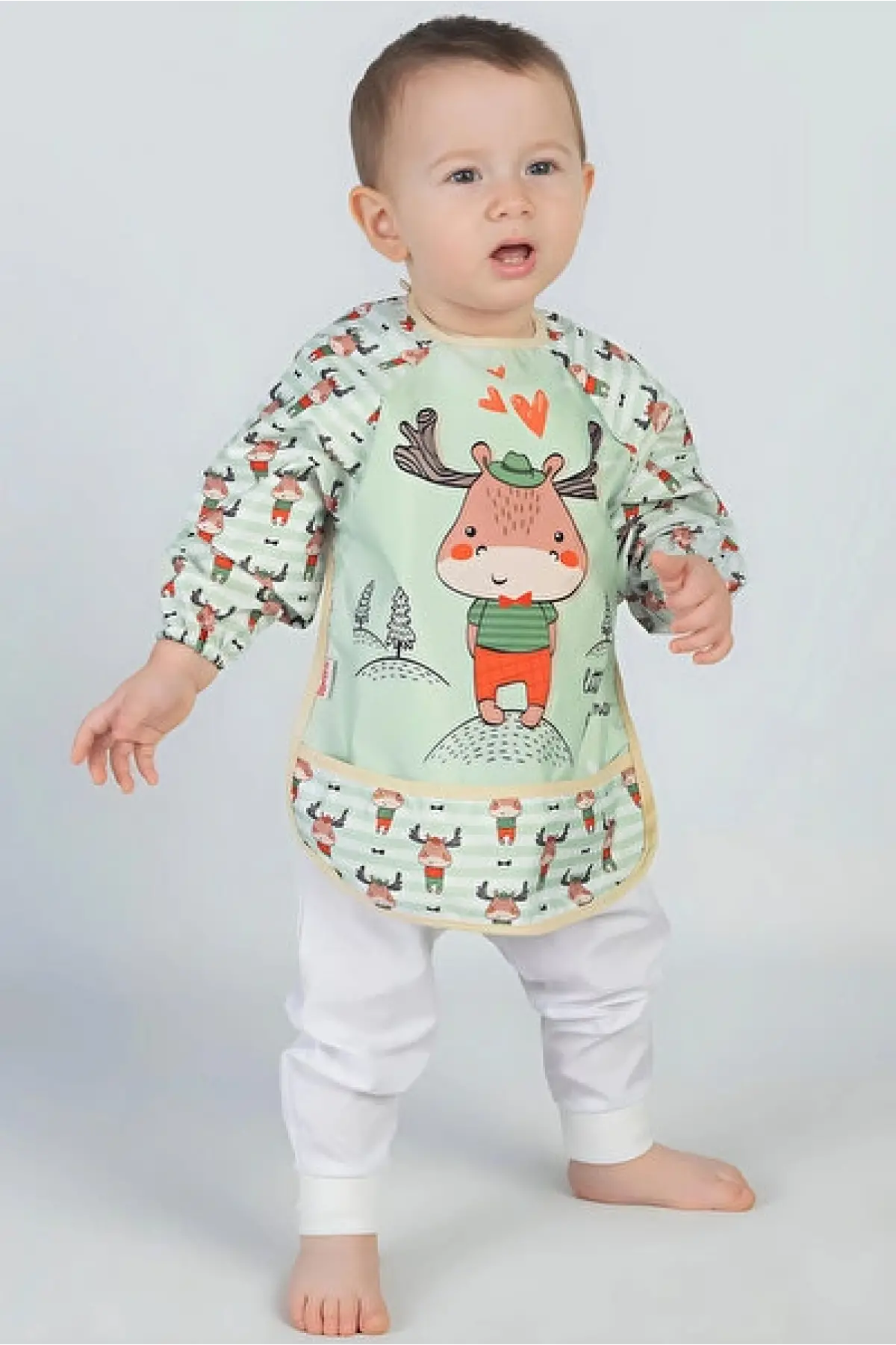 Geyik Desenli Sıvı Geçirmez Uzun Kollu Unisex Bebek Mama ve Aktivite Önlüğü 6-24 Ay