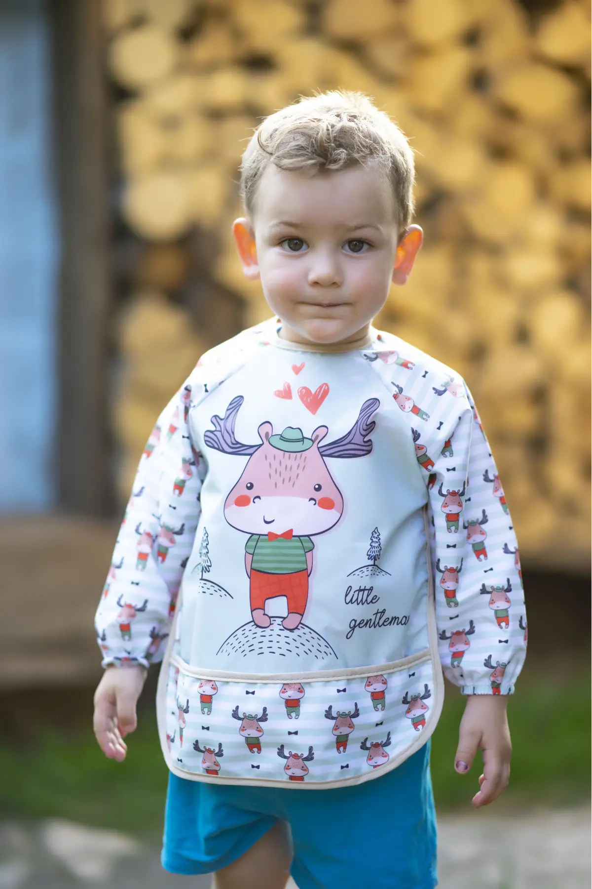 Geyik Desenli Sıvı Geçirmez Uzun Kollu Unisex Bebek Mama ve Aktivite Önlüğü 6-24 Ay