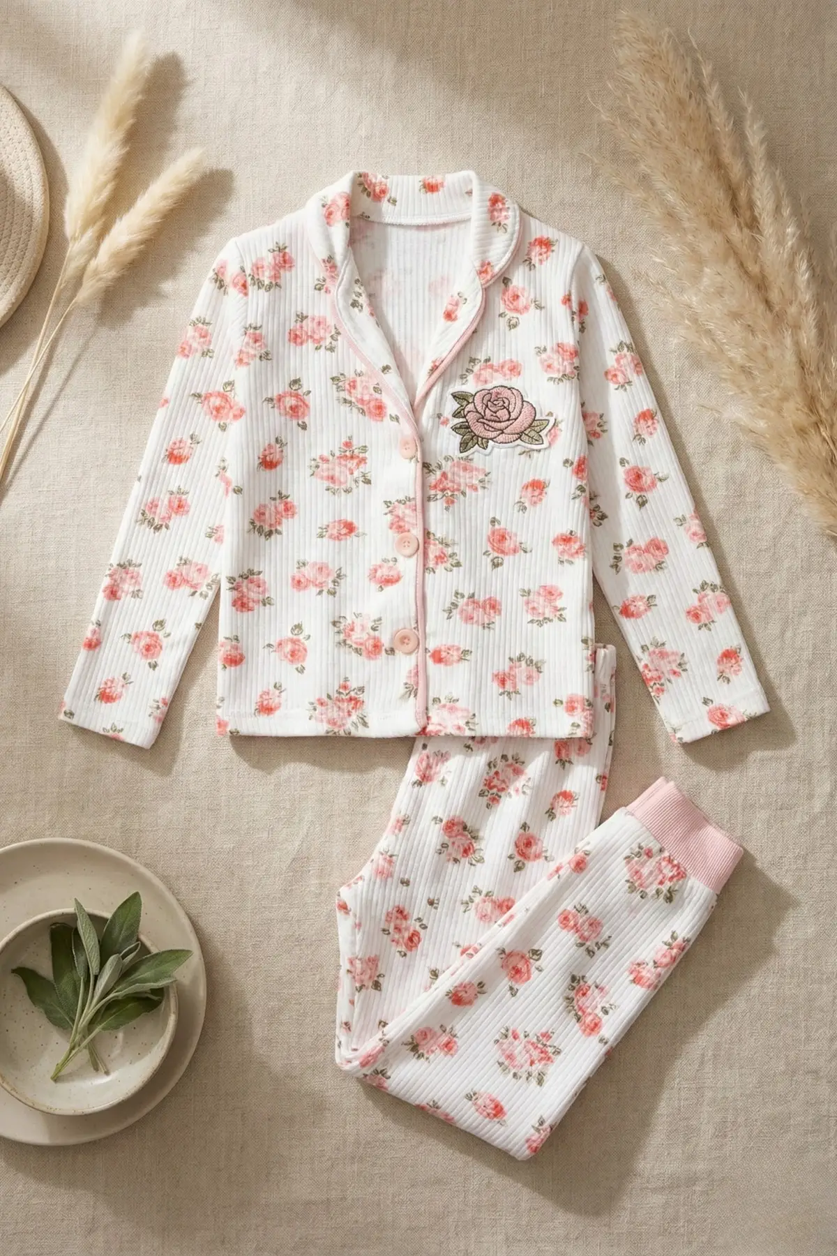 Gül Nakışlı % 100 Pamuk Kız Çocuk Pijama Takımı
