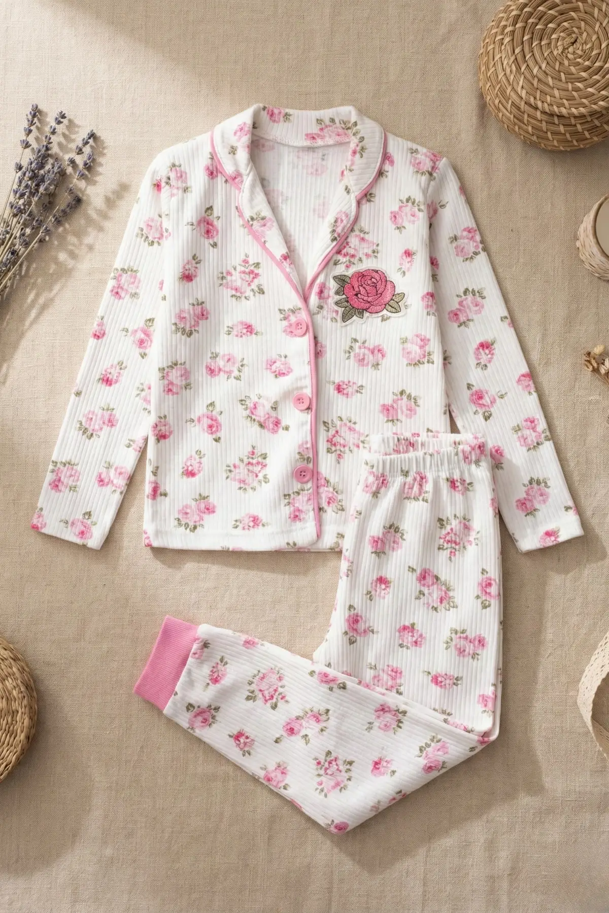 Gül Nakışlı % 100 Pamuk Kız Çocuk Pijama Takımı