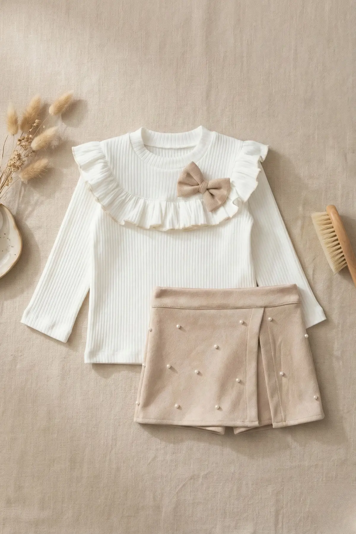 İncili Scuba Şort Etekli Uzun Kol Bodyli Kız Çocuk İkili Takım