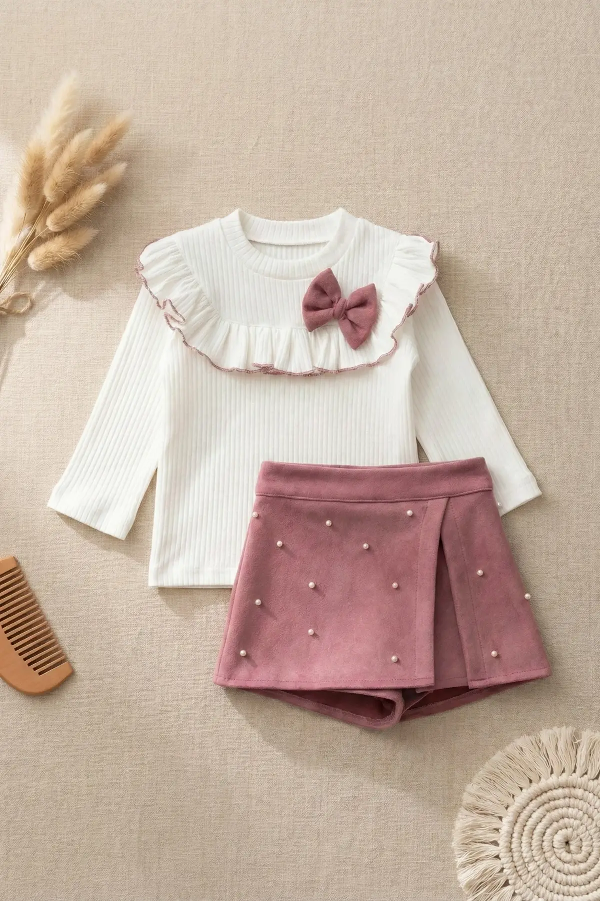 İncili Scuba Şort Etekli Uzun Kol Bodyli Kız Çocuk İkili Takım