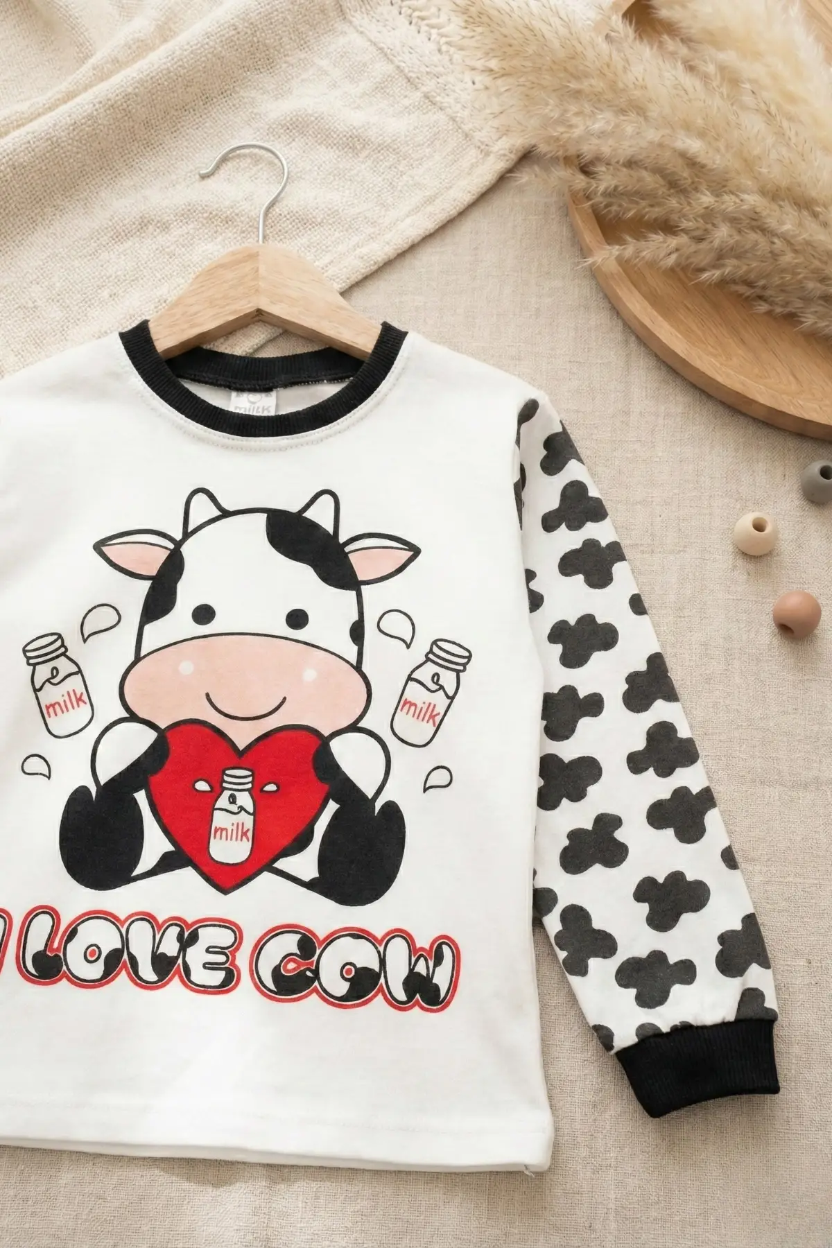 İnek Kalp Desenli % 100 Pamuk Unisex Pijama Takımı