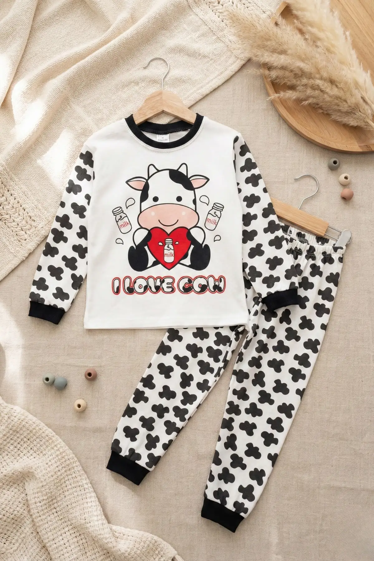 İnek Kalp Desenli % 100 Pamuk Unisex Pijama Takımı