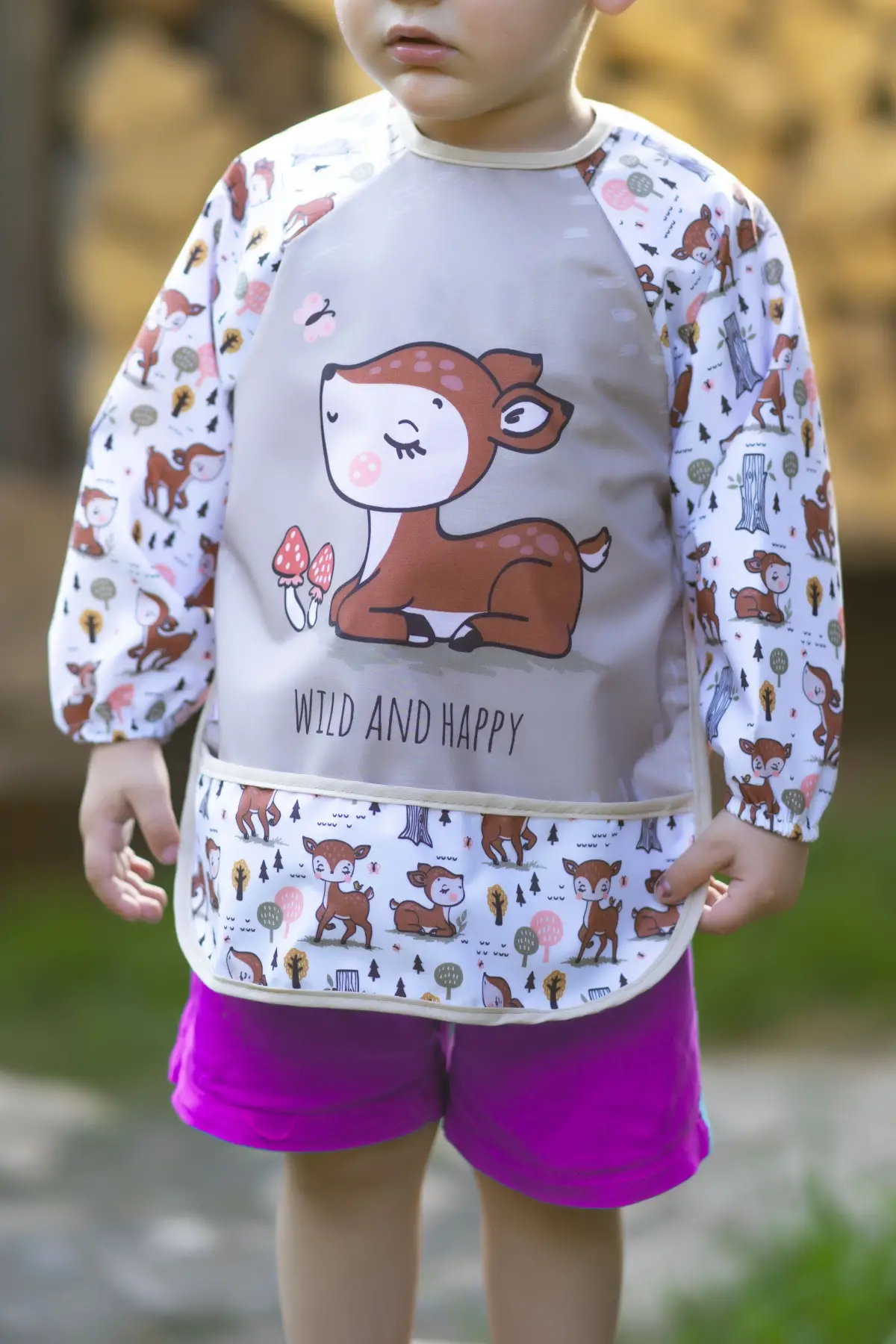 Karaca Desenli Sıvı Geçirmez Uzun Kollu Unisex Bebek Mama ve Aktivite Önlüğü 6-24 Ay