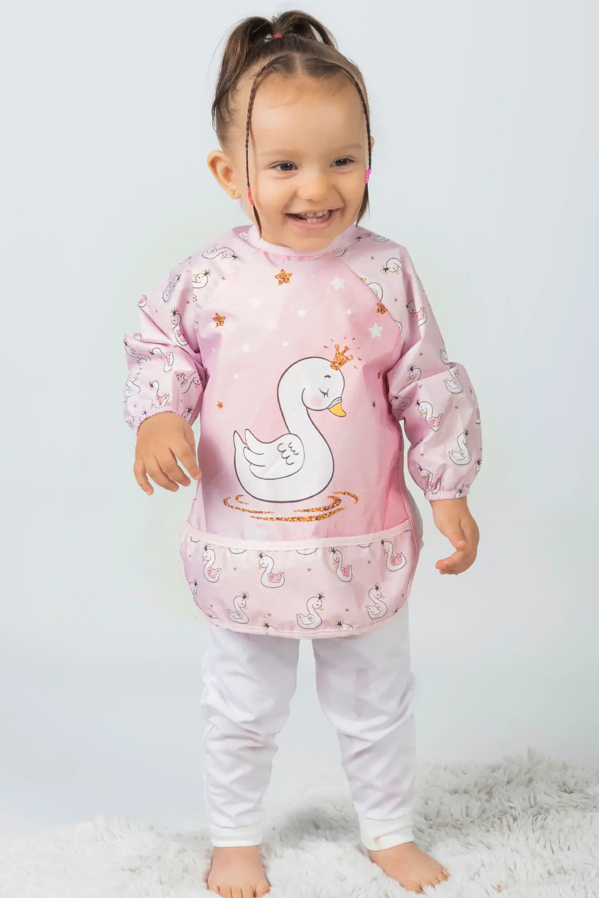 Kuğu Desenli Sıvı Geçirmez Uzun Kollu Mama Ve Aktivite Önlüğü 6-24 Ay