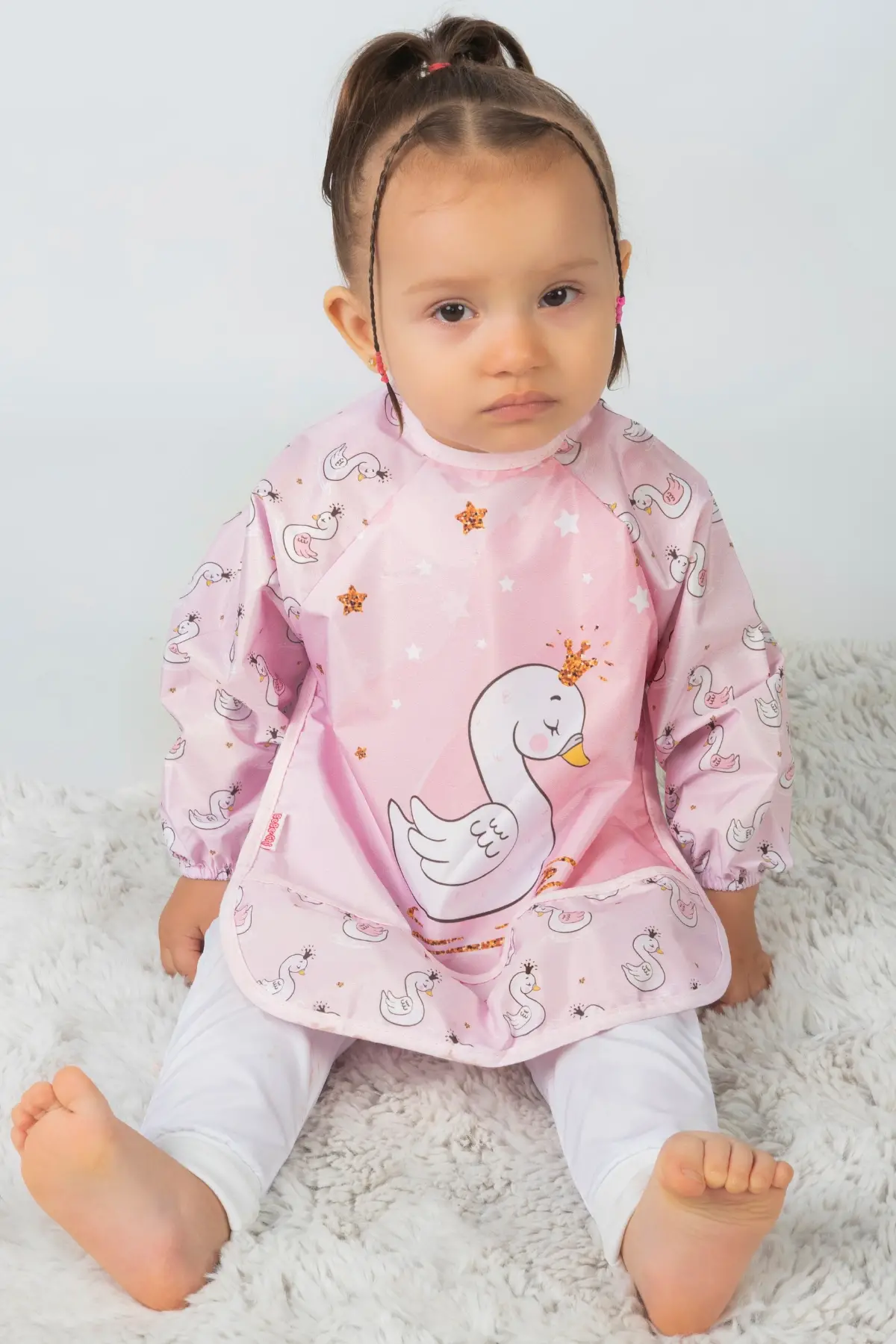 Kuğu Desenli Sıvı Geçirmez Uzun Kollu Mama Ve Aktivite Önlüğü 6-24 Ay