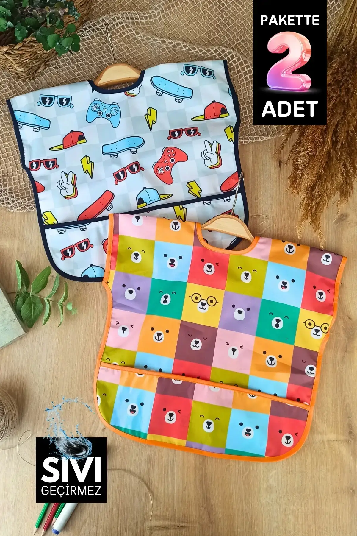 Play Colour Desenli Sıvı Geçirmez Kolsuz 6-24 Ay 2li Aktivite ve Mama Önlüğü