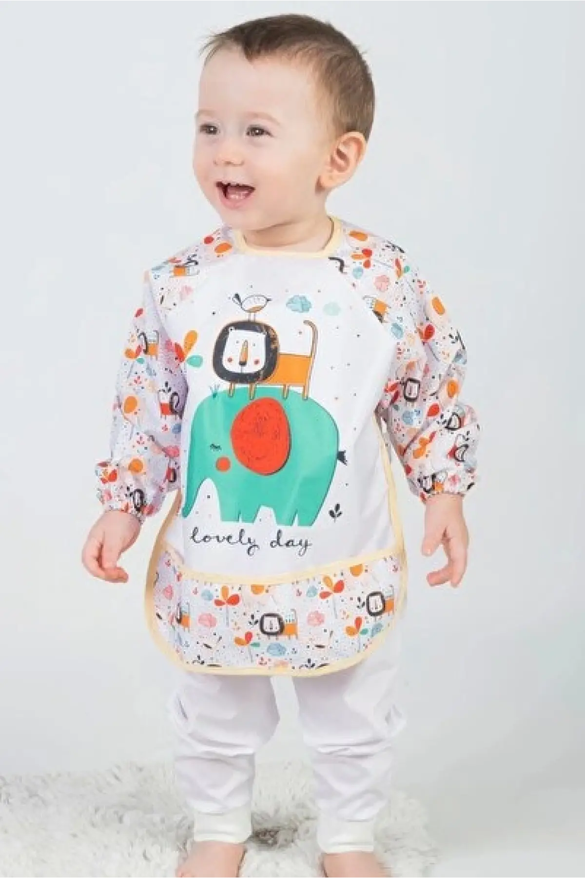 Safari Desenli Sıvı Geçirmez Unisex Uzun Kollu Aktivite ve Mama Önlüğü 6-24 Ay