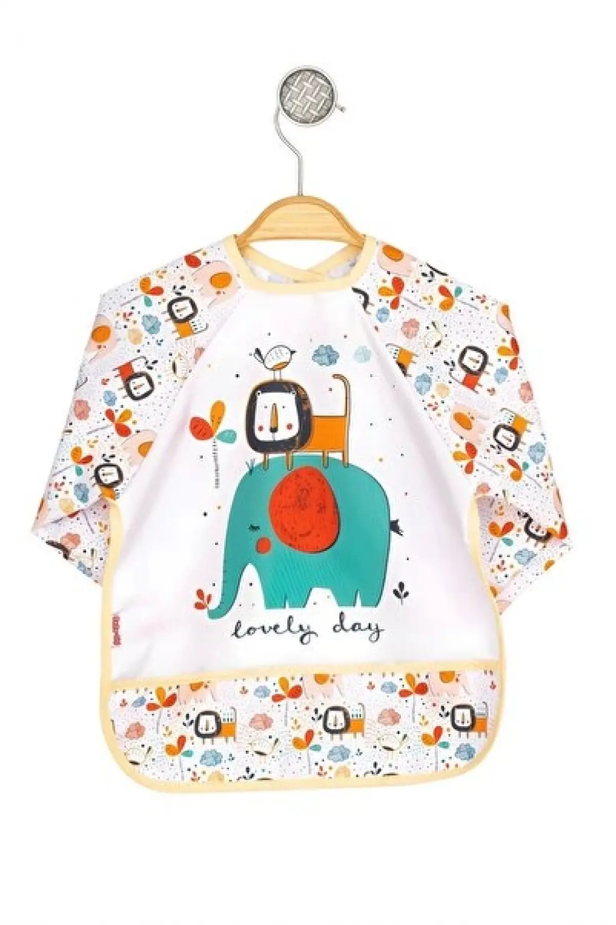 Safari Desenli Sıvı Geçirmez Unisex Uzun Kollu Aktivite ve Mama Önlüğü 6-24 Ay