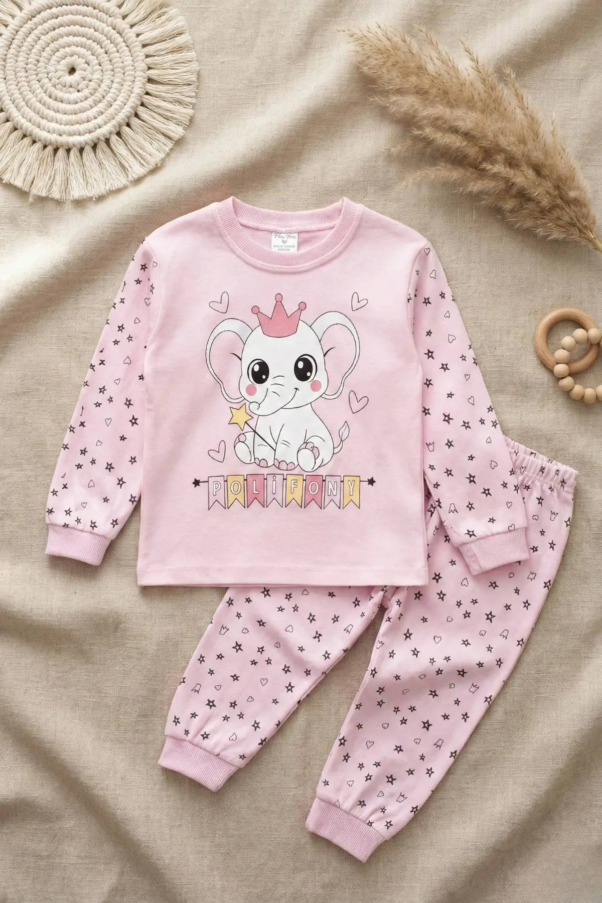Taçlı Fil Desenli % 100 Pamuk Kız Çocuk Pijama Takımı