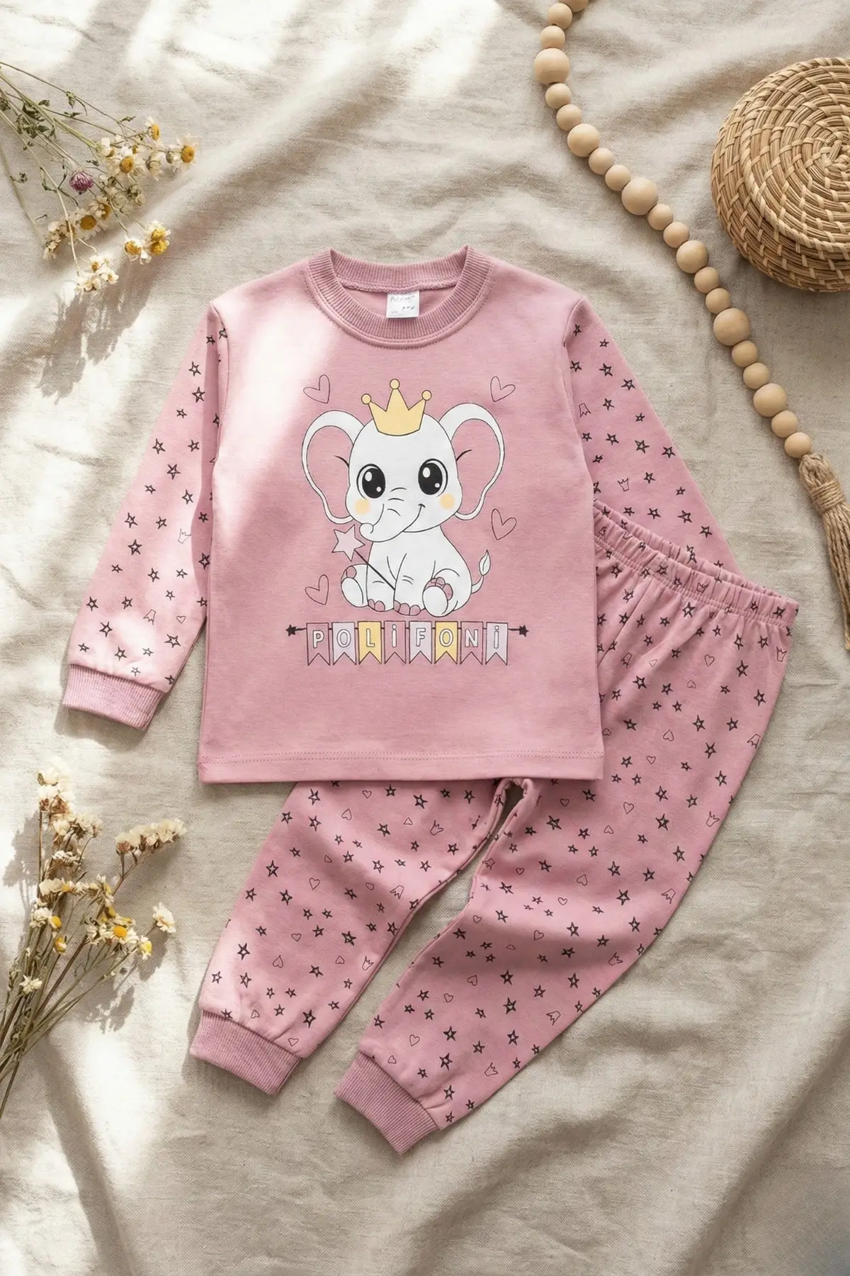 Taçlı Fil Desenli % 100 Pamuk Kız Çocuk Pijama Takımı