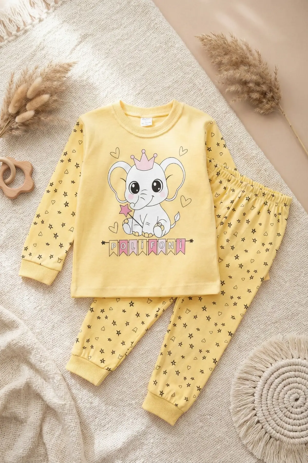 Taçlı Fil Desenli % 100 Pamuk Kız Çocuk Pijama Takımı