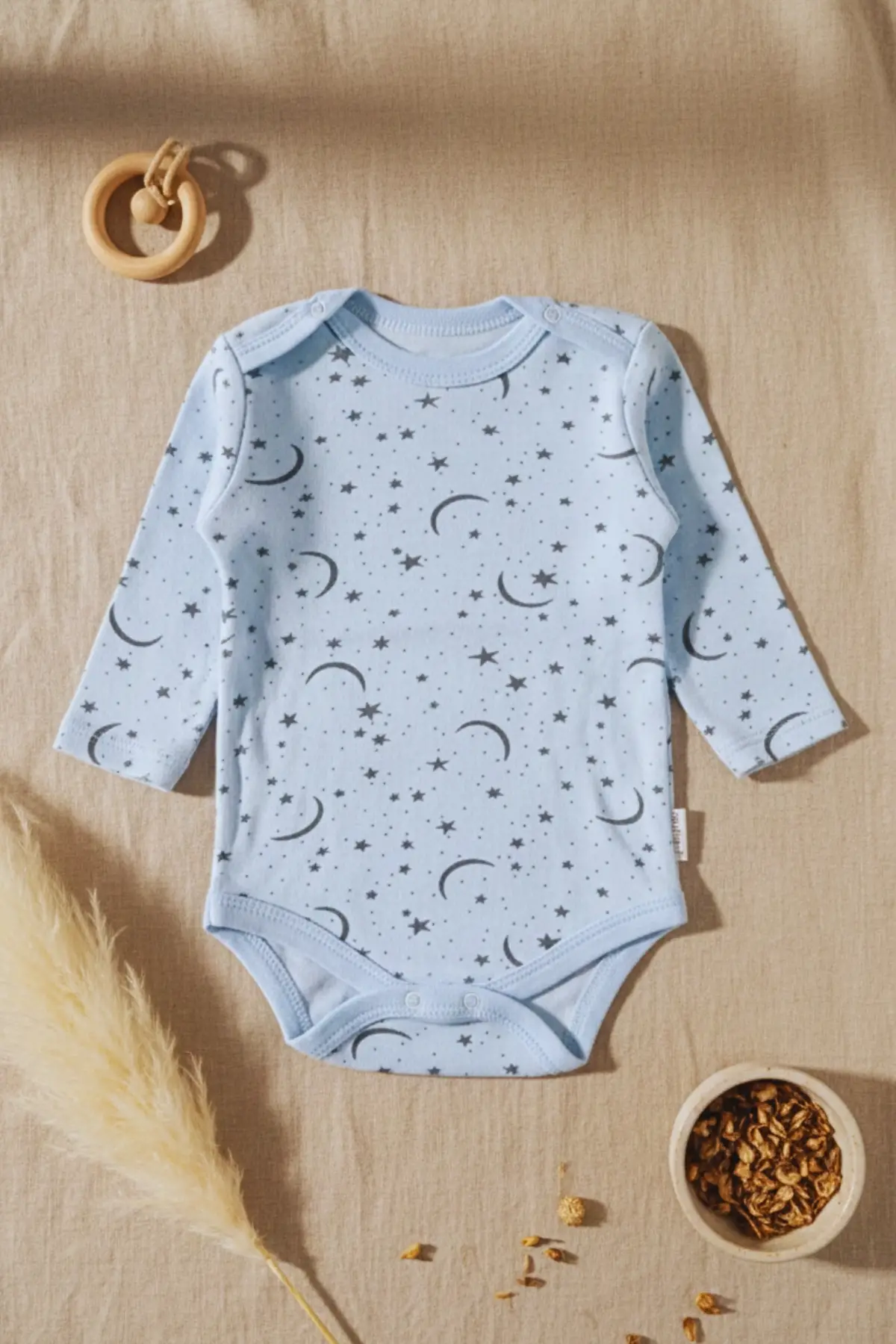 Yıldız Desenli Uzun Kollu % 100 Pamuk Erkek Çıtçıtlı Body