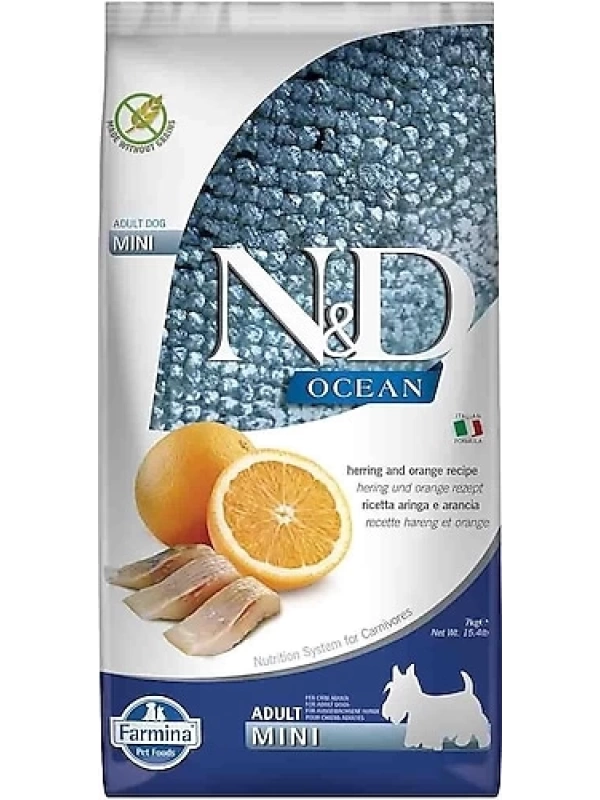 N&D Ocean Ringa Balıklı ve Portakallı Tahılsız Küçük Irk Yetişkin Köpek Maması 7 Kg