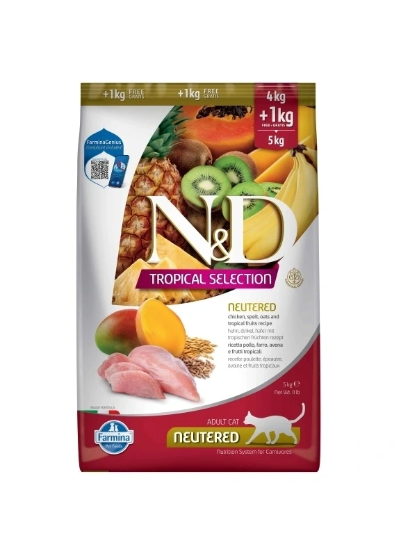 N&D Tropical Selection Tavuklu Kısırlaştırılmış Kedi Maması 4 Kg + 1 Kg Hediyeli