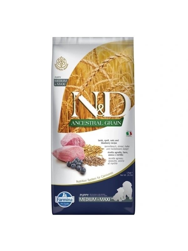 ND Ancestral Grain Kuzu Etli Yaban Mersinli Orta Ve Büyük Irk Ata Tahıllı Yavru Köpek Maması 12Kg